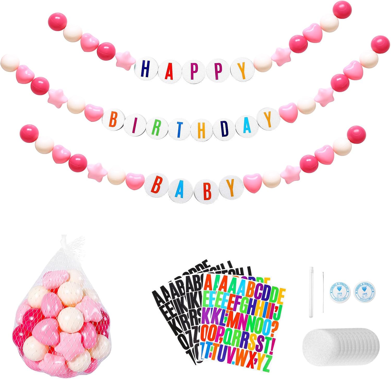 Customized Giant Friendship Bracelet Garland with 50 Plastic Balls,24 PCS Foam Circles for Crafts, Create Vibrant Birthday/Christmas Party Hangings with Star Shaped & Round Balls (Pink Red)