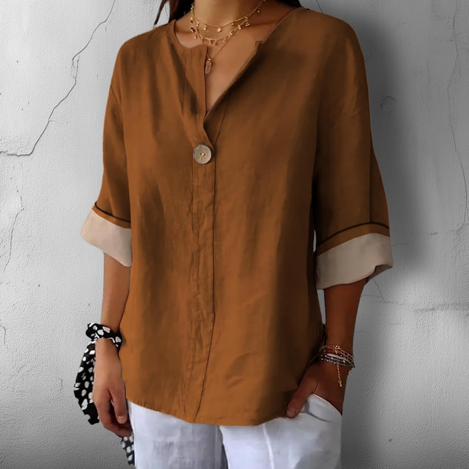 Linen Shirt Women Button Down V Neck Plain Blouse 3/4 Sleeves Casual Loose Fit Tunic Tops Summer Outfits - Image 2