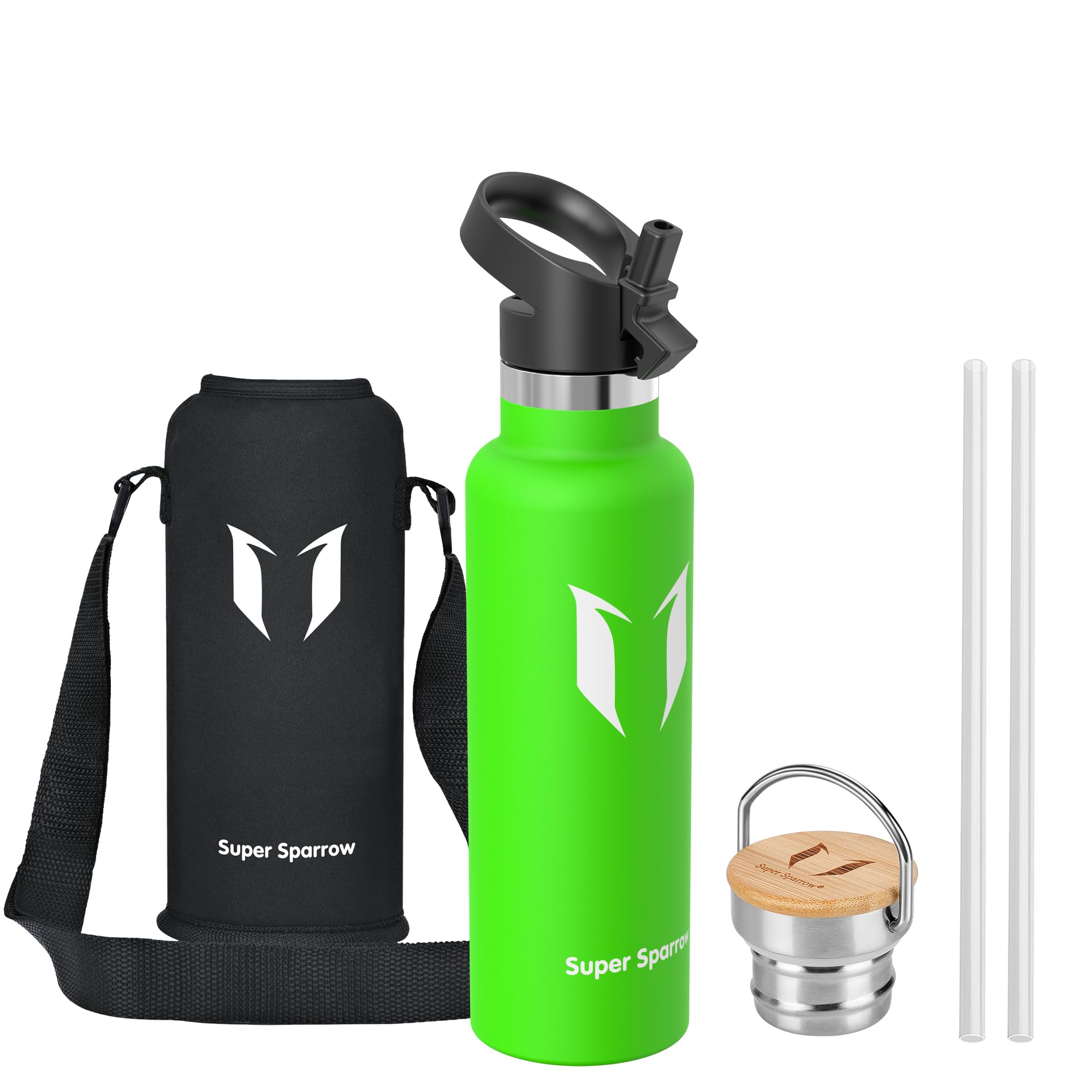 Super Sparrow Water Bottle Stainless Steel - 620ml - Insulated Metal Water Bottles - Standard Mouth Flask - BPA Free - Straw Bottle for Work, Gym, Sports - 2 Lids