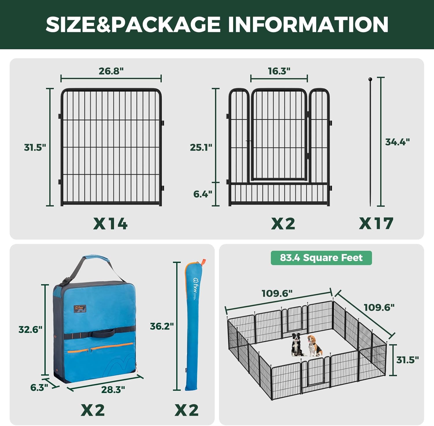 FXW Rollick Unleashed Dog Playpen for Indoor, Yard, RV Camping, 32 inch 16 Panels Dog Pen with Playpen Storage Bag (2 Packs) for Small and Medium Dogs, Black│Patented