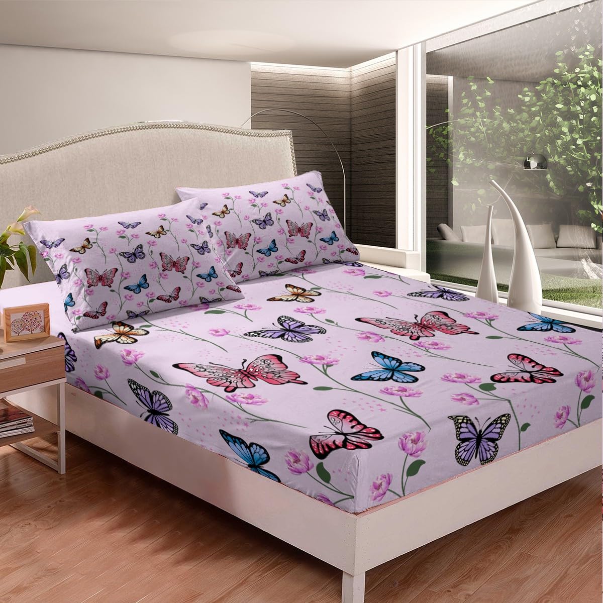 Homemissing Butterfly Bed Sheet Set King Size for Adults Girls Women Teens Butterflies Print Bedding Set Botanical Floral Printed Sheet with Deep Pocket Fitted Sheet+2 Pillowcase Animal Pink Sheet Set - Image 2