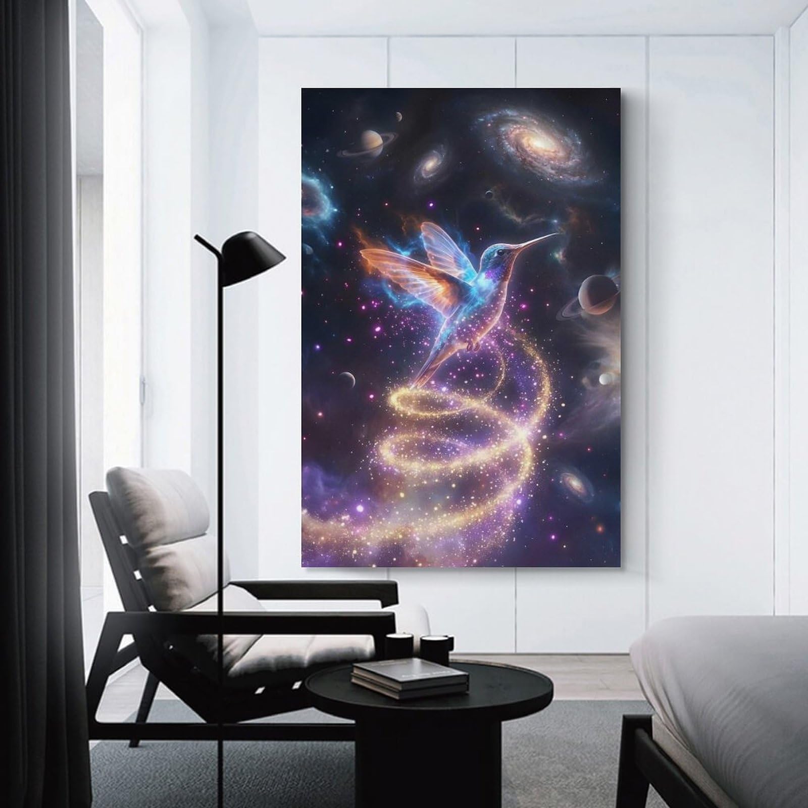 Junmoney Cosmic Hummingbird in Nebula Hanging Wall Art, 20x30inch(50x75cm), for Bedroom Walls, Guest Spaces Or Lounges, An Easy Wall Refresh for Bedrooms