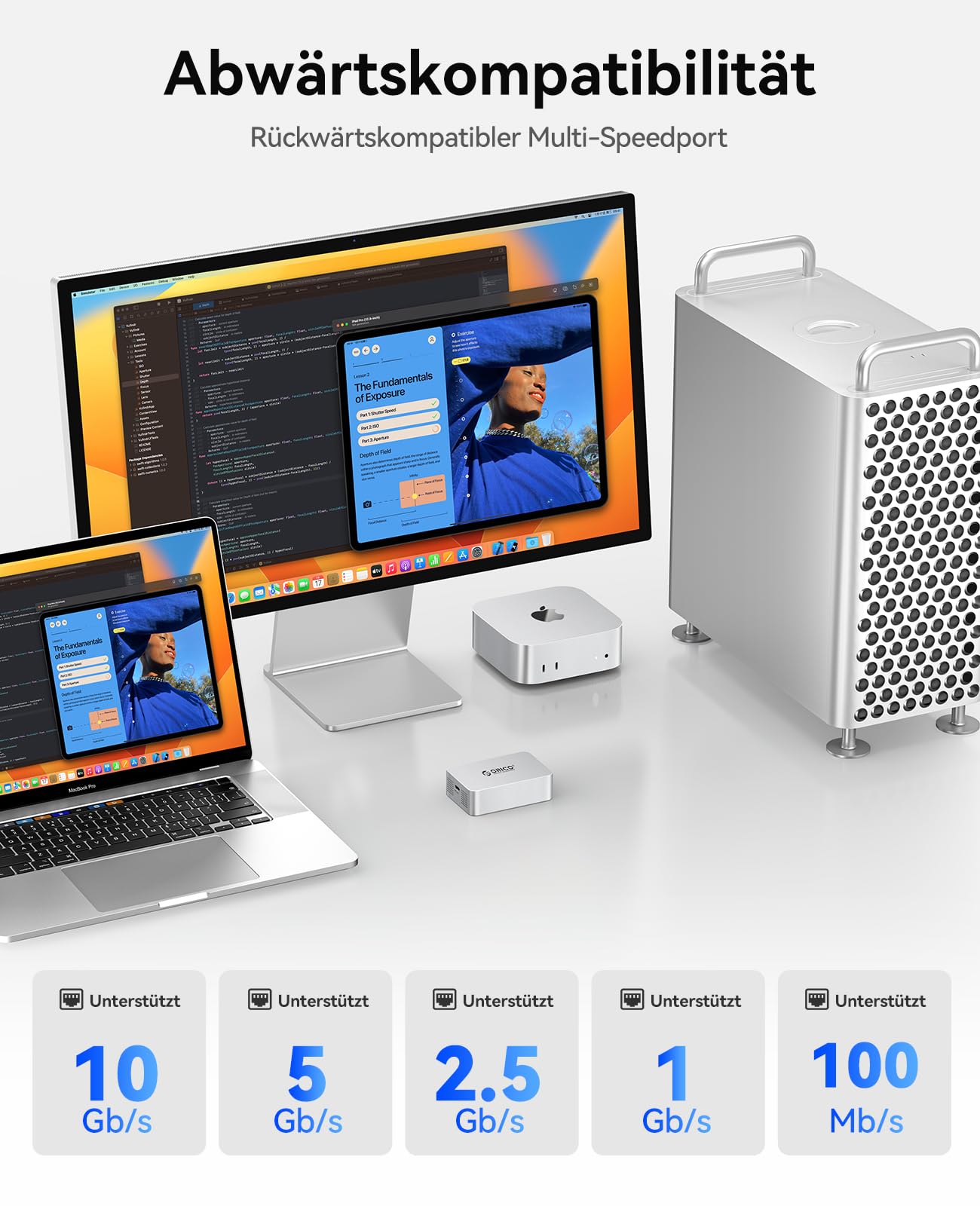ORICO USB 4 to 10GbE Ethernet Adapter for Thunderbolt Unterstützt 10Gb/s, 5Gb/s, 2.5Gb/s, 1Gb/s und 100Mb/s Base-T, Kompatibel mit Thunderbolt 3/4/5 Geräten, mit 0.3M 40Gbps C zu C Kabel