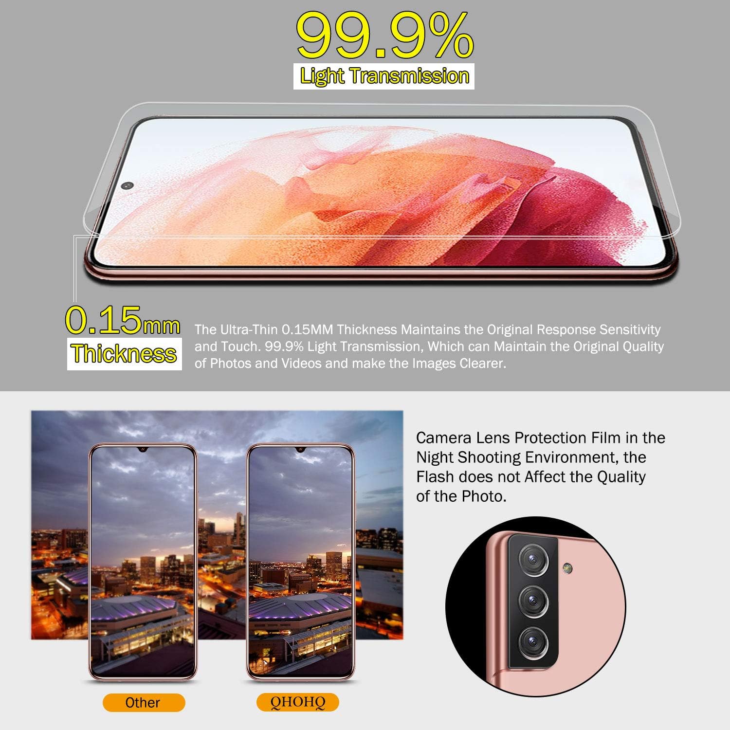 QHOHQ 3 Pack Screen Protector for Galaxy S21 5G 6.2" with 3 Packs Camera Lens Protector, Tempered Glass Film,HD - Bubble Free - Scratch Resistant,Compatible with Fingerprint Unlock