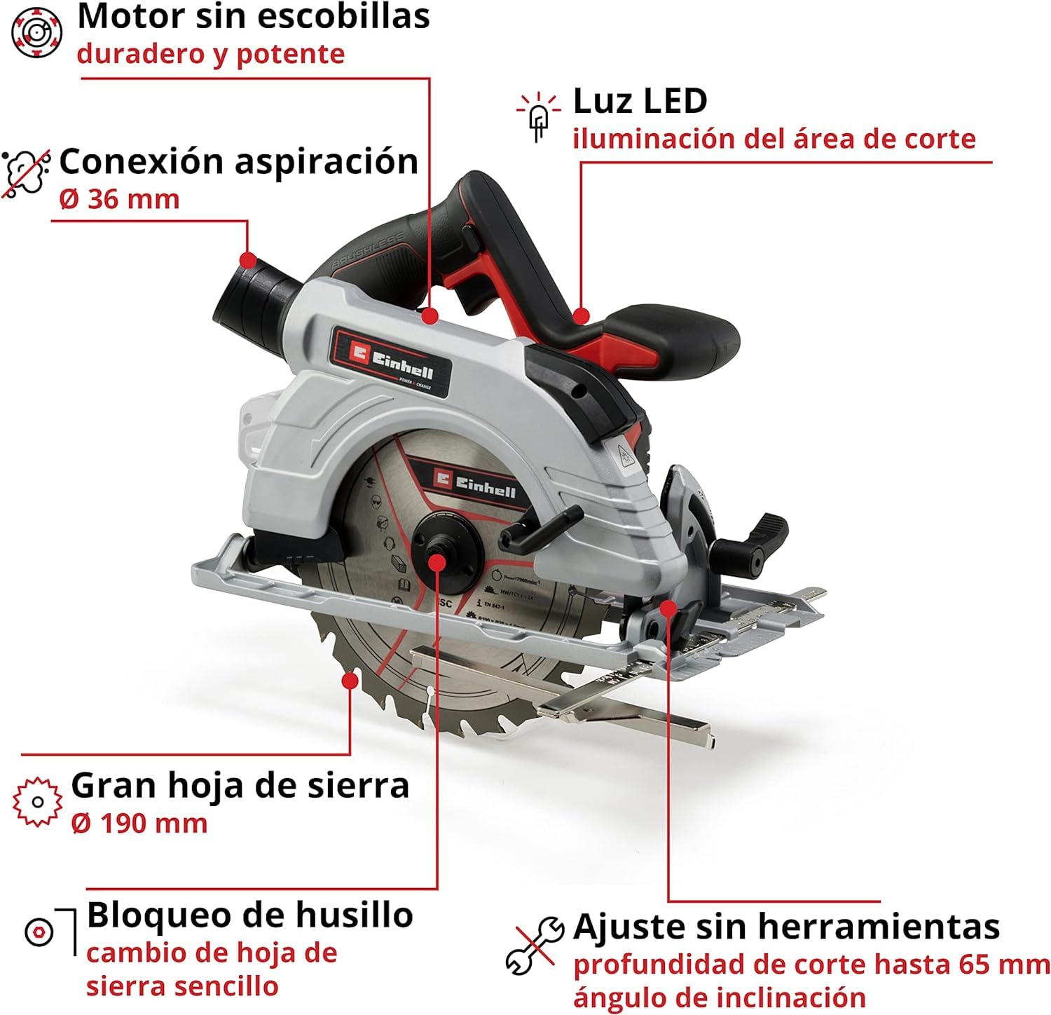 Einhell Sierra circular manual con batería TE-CS 18/190 Li BL-Solo Power X-Change (iones de litio, 18 V, motor sin escobillas, ajuste sin herramientas, LED, sin batería ni cargador)