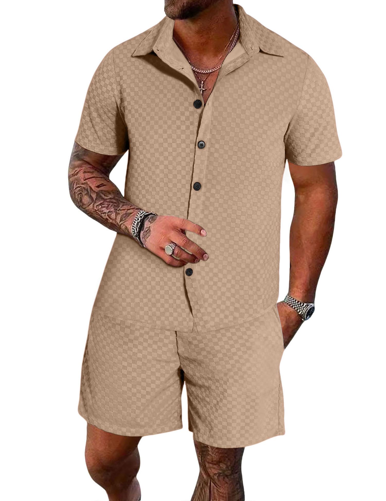 UOUA Mens Velour Tracksuit 2 Piece Outfits Short Sleeve Button Down Shirt and Short Sets Casual Sweatsuits