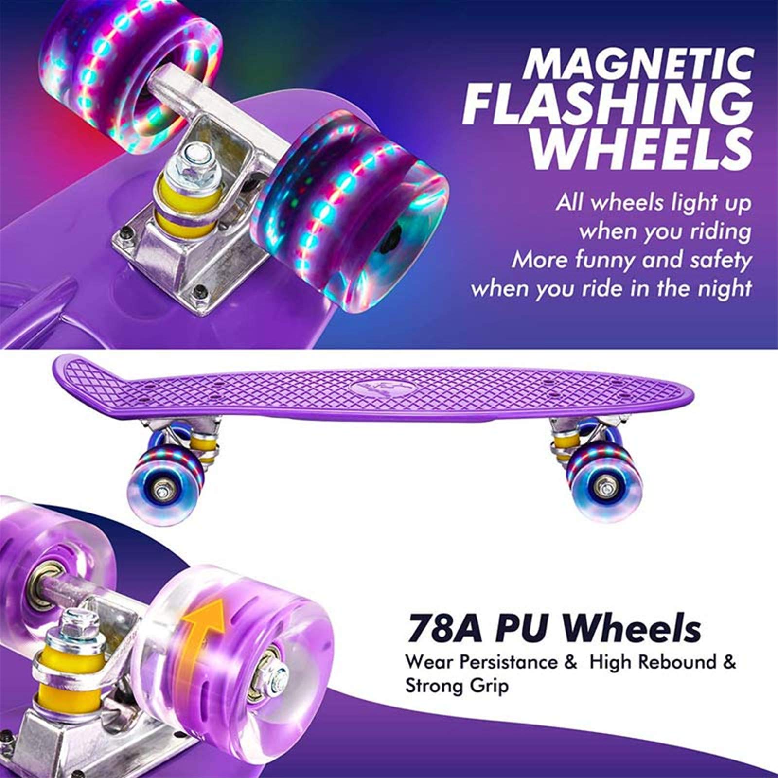 Skateboard Complet Mini Cruiser Planche À Roulettes En Plastique 22 Pouces Pour Enfants Garçons Filles Débutants Adolescents Adultes, LED Light Up Wheels Avec Roulements Et Tout-En-Un Skate T-Tool