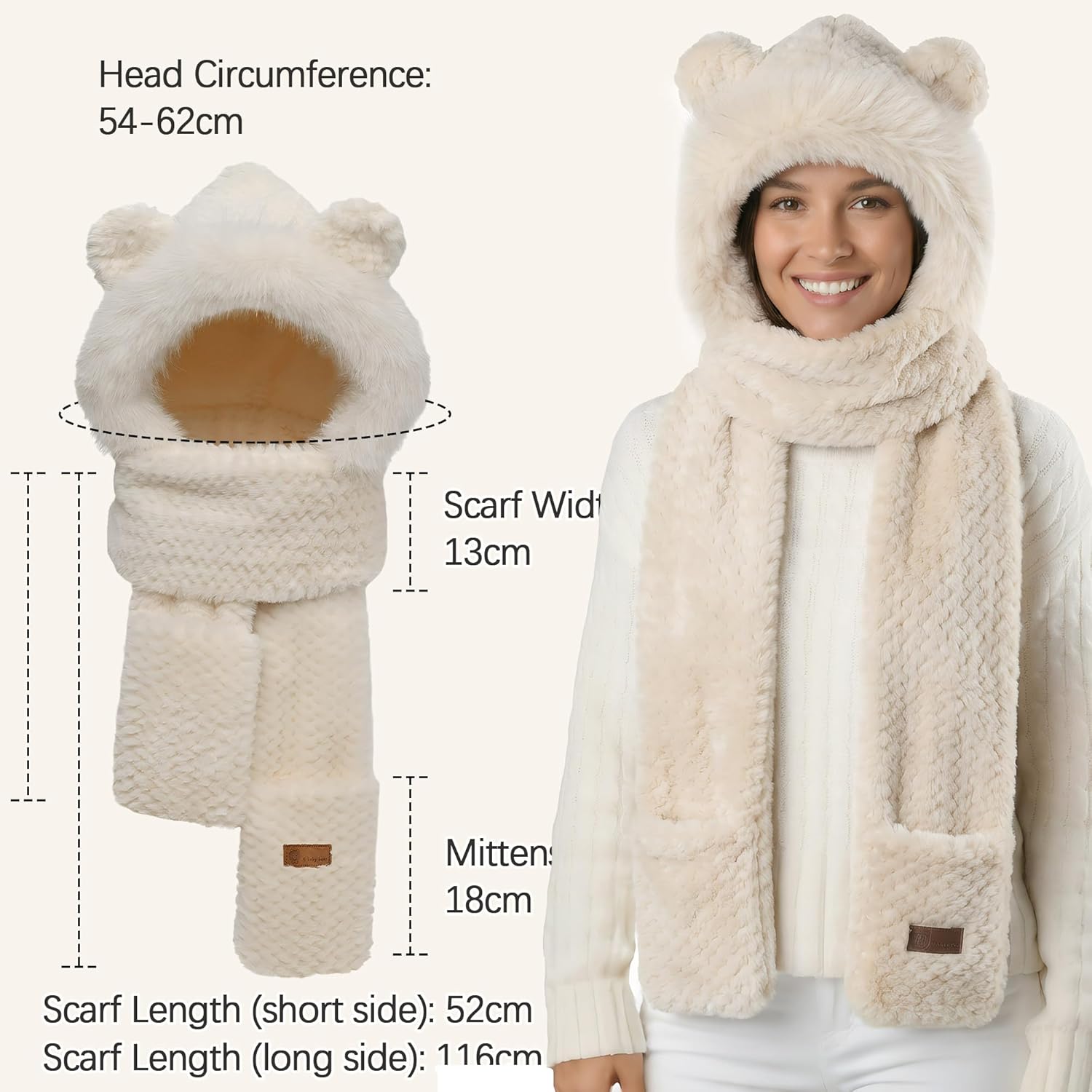 Babalet Hooded Scarf for Women, Winter 3-In-1 Fleece Scarf Hats, Cute Bear Ear Hooded Scarfs Beanie and Gloves - Image 4