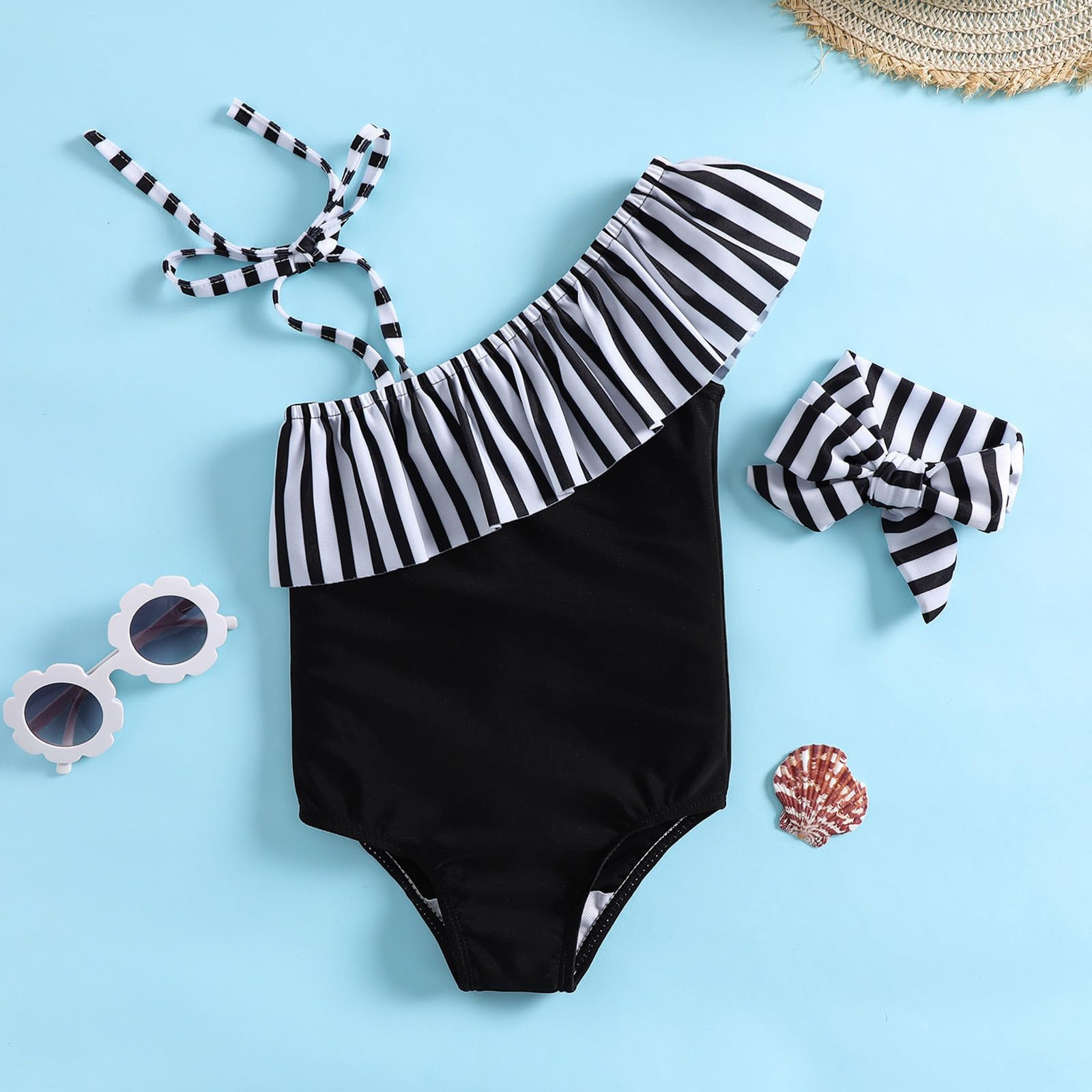 Generisch Bañador para niña con hombros unilaterales, diseño de rayas, triángulo, para niños pequeños, baño para bebés y niños, piscina, playa