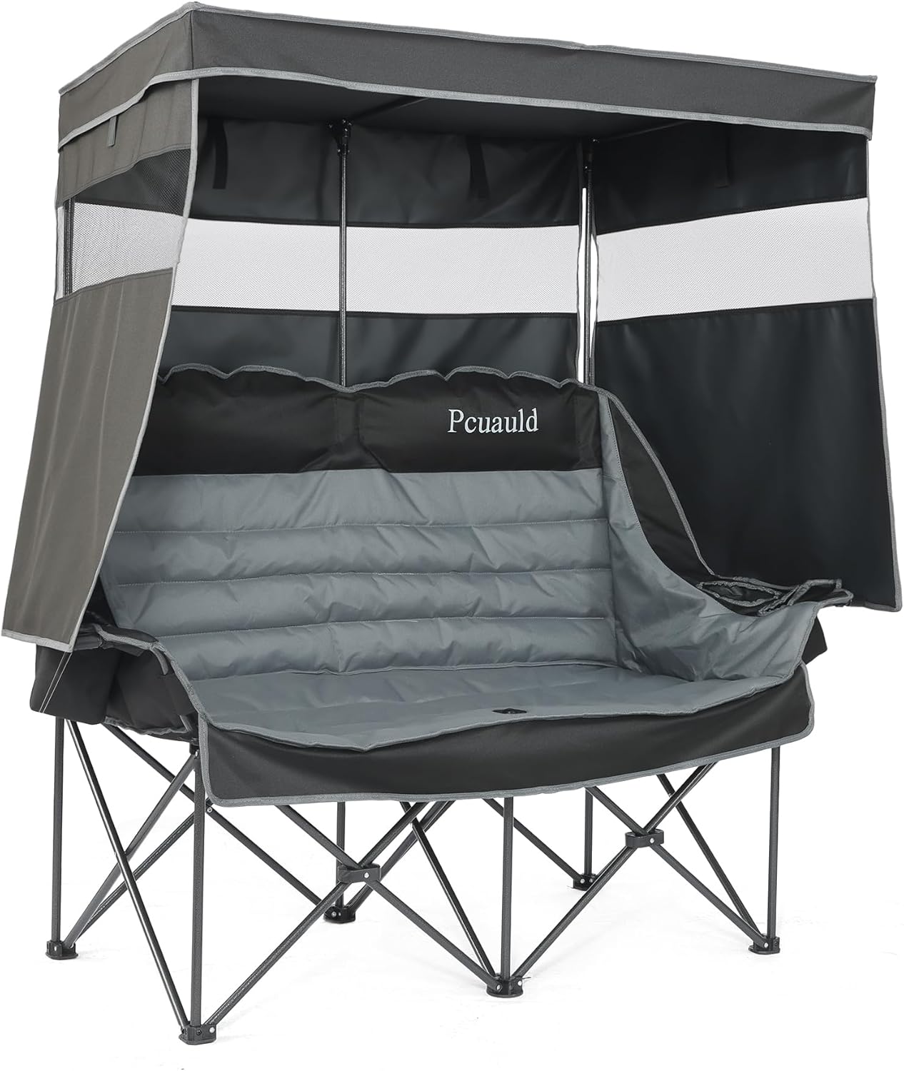 Double Camping Chair with Canopy Heavy Duty 2 Person Folding Loveseat with Shade Portable High Back Oversized Outdoor Camping Couch with Cup Holders & Wine Racks for Beach, Lawn, Fishing, Sports