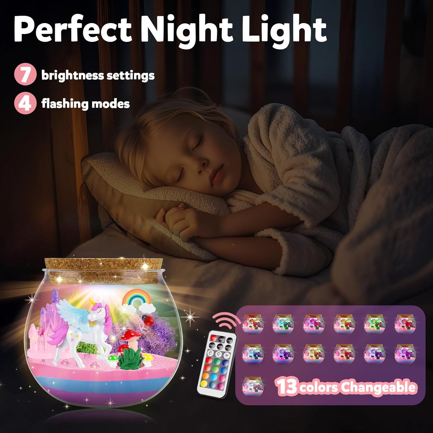 Rofio Unicorn Terrarium Kit for Kids, Unicorn Toys for Girls Age 4 5 6 7 8-12 Year Old, Birthday Gift for Girls, Arts and Crafts Kit for Kids, DIY Toys with 13-Color Remote LED Night Light - Image 3