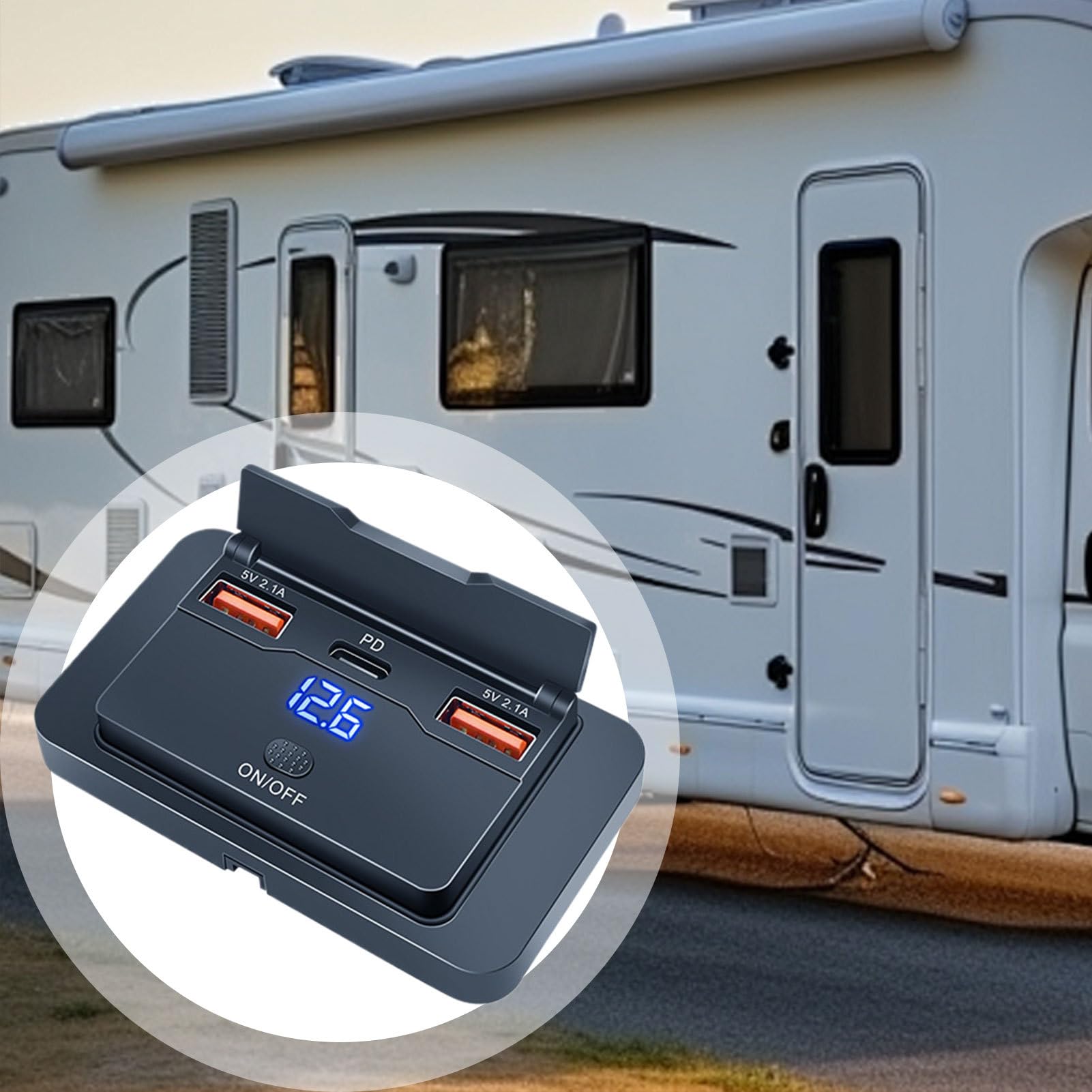 Wyjście USB RV, gniazdo ładowarki samochodowej 76 W, 3 porty USB Panel szybkie ładowanie, montaż spłukiwania bez wiercenia, do ciężarówek, łodzi, dysz, przyczep, pojazdów, RVs