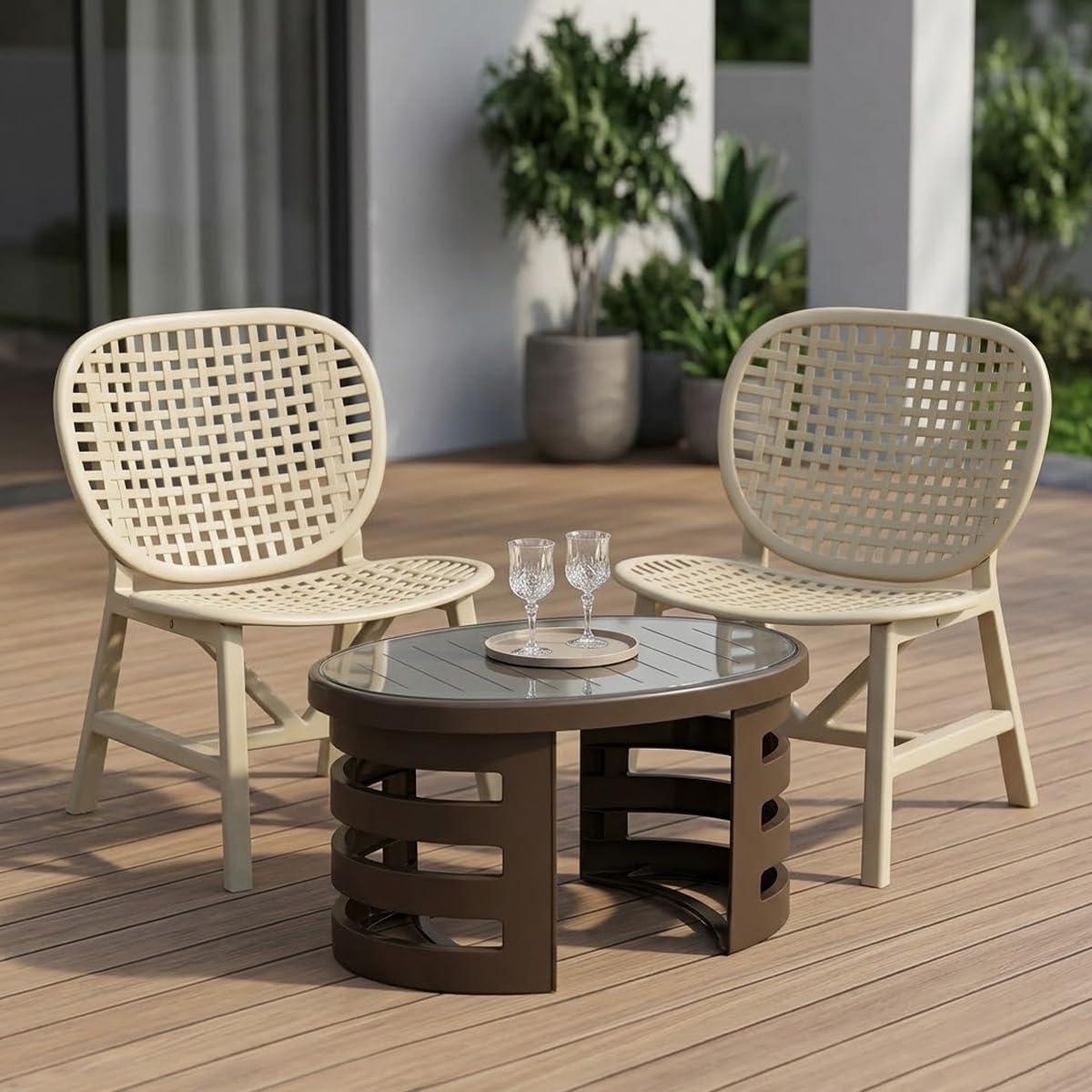 Nilkamal Arena Chair and Mystique Glass Top Coffee Table Set | 2 Chairs and 1 Table | Plastic Furniture Set for Indoor and Outdoor Use, Balcony, Garden, Patio| Luxury Beige and Season Rust Brown-image-5