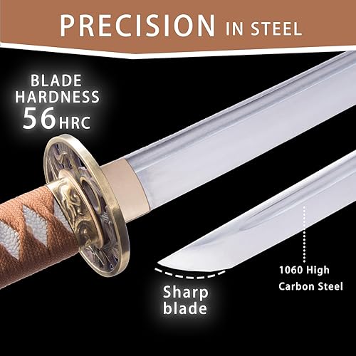 Vista 6 de Handmade Sharp Katana, Traditional Clay Tempered 1060 Steel 56HRC Katana Sword, Full Tang Authentic Japanese Craft Samurai Sword Brown,Blue,Blue