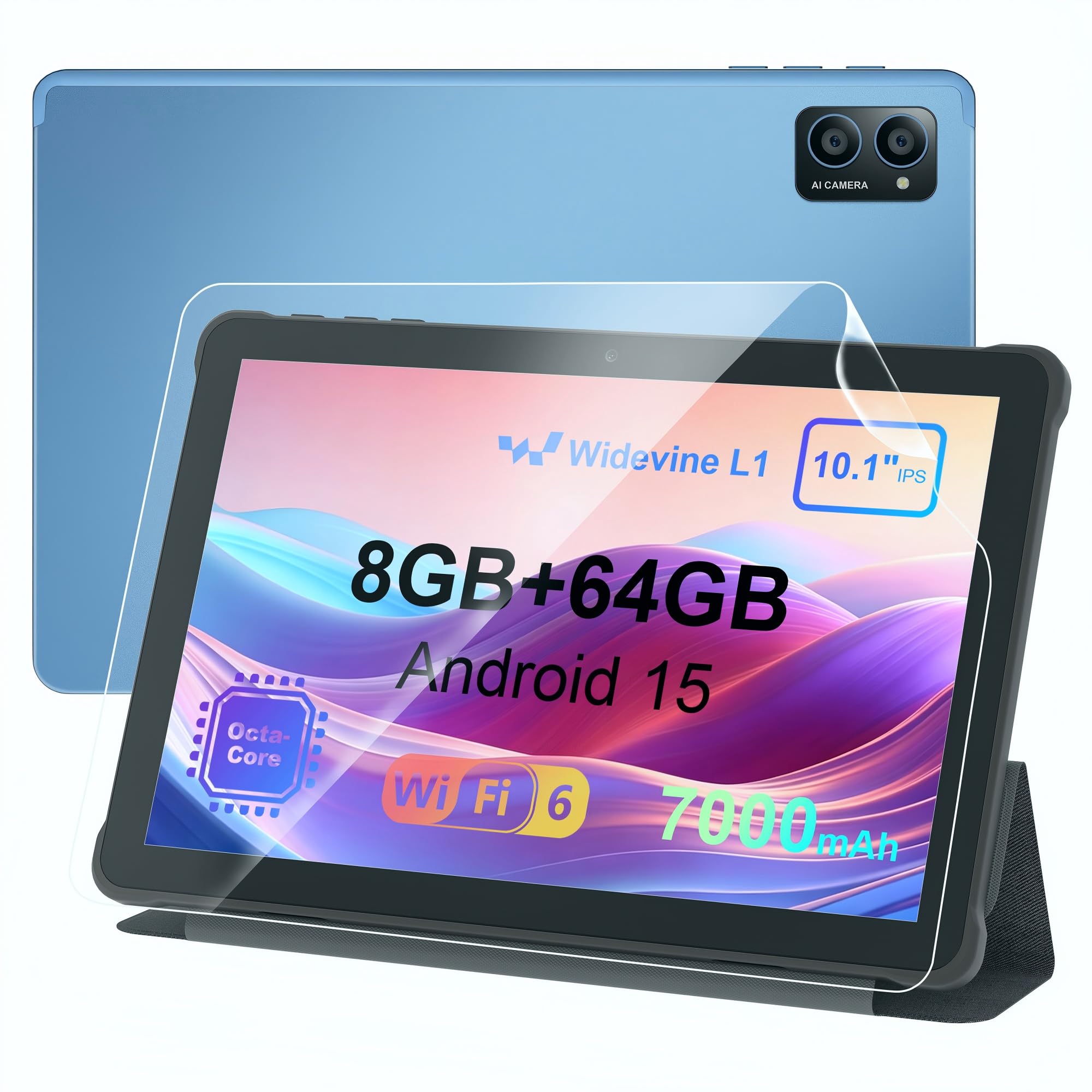 AWOW Tablet 10 Zoll Android 15: 2026 Neueste 7000mAh Octa-Core 8GB RAM+64GB 1TB TF Tablet PC mit WiFi 6 2.4G/5G Bluetooth 5.0 1280 * 800 FHD GMS Dual Kamera mit Hülle und Schutzfolie