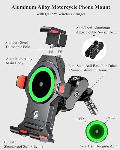 Miniatura 2 de BRCOVAN Soporte de teléfono para horquilla de motocicleta con cargador inalámbrico Qi de 15 W y amortiguador de vibraciones, antirrobo,