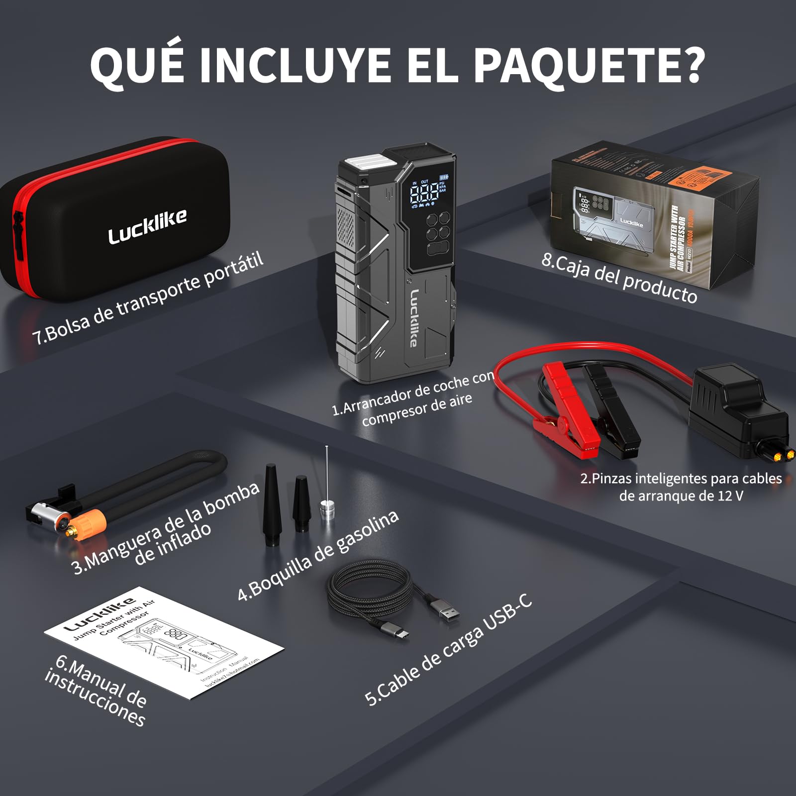 Lucklike Arrancador de Baterías de Coche con Compresor, 12V Jump Starter | 150PSI Arrancador de Coches para Vehículo (Todo Gasolina o 12L Diésel), con Pantalla LCD, Luz LED 800LM de Emergencia