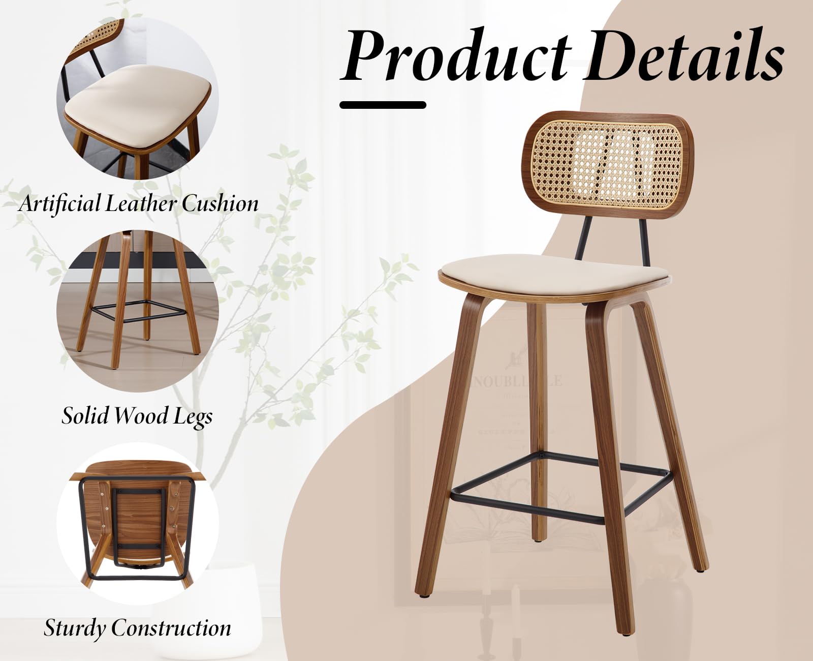 Ya-Home Juego de 2 Taburetes Altos de Cocina Modernos con Respaldo Rattán,Taburetes de Bar Tapizando en Cojín de PU, Sillas Altas de Mostrador con Patas de Madera para Hogar/Restaurante