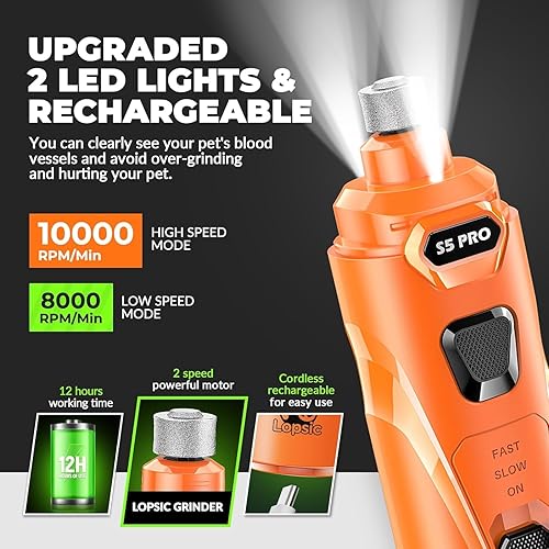 Miniatura 3 de Molinillo de uñas para perros con 2 luces LED, potente 2 velocidades, recortador de uñas para perros súper silenciosos con 3 muelas abrasivas