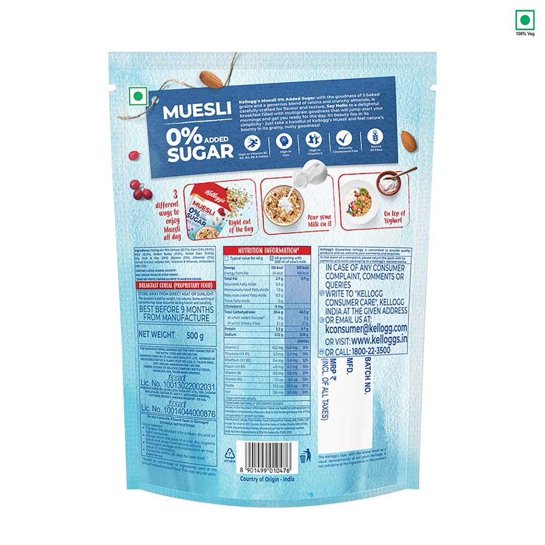 Buy Kellogg's Muesli 0 Added Sugar Breakfast Cereal High in Iron Source of Fibre