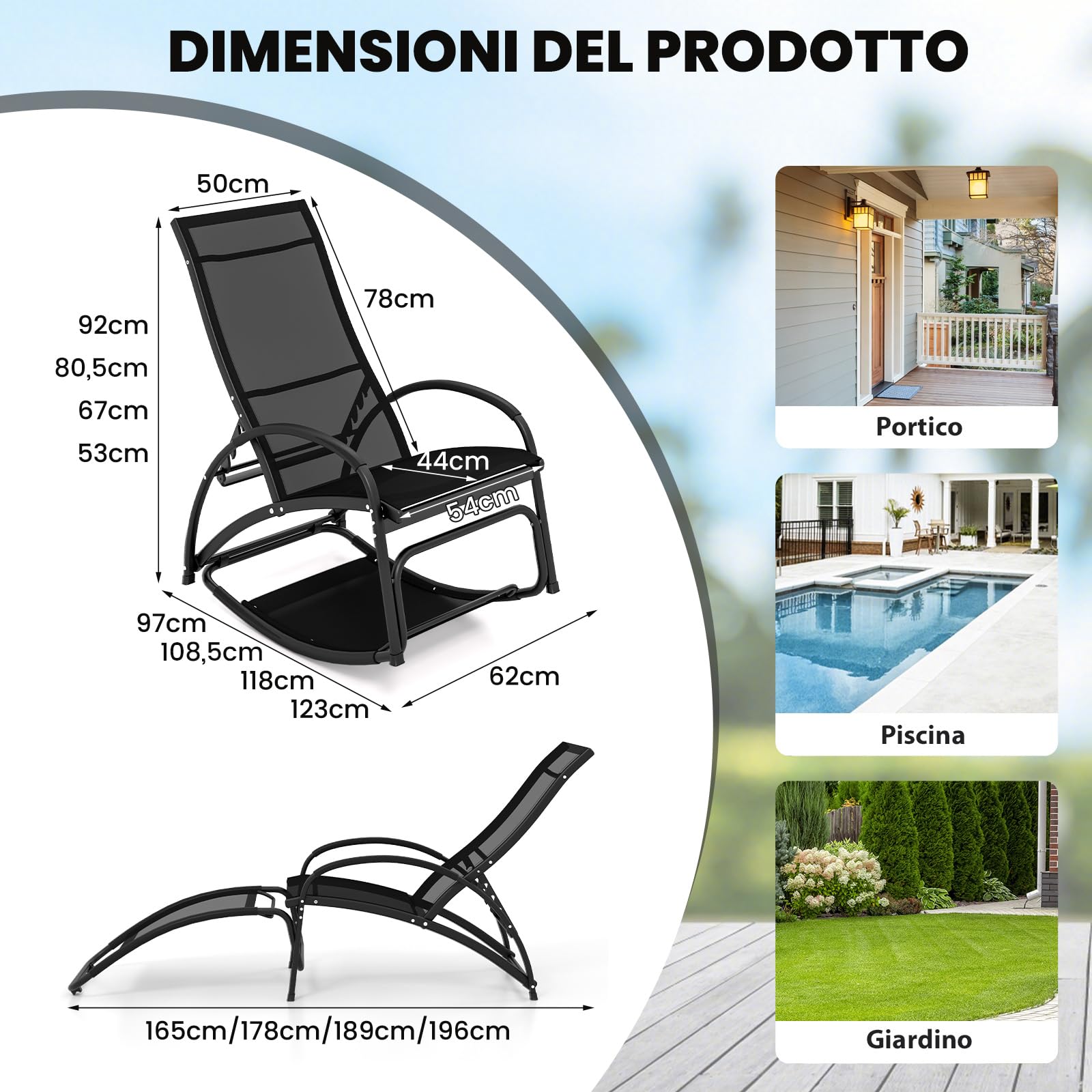 COSTWAY Sedia a Dondolo 2 in 1 da Giardino, Lettino Prendisole Convertibile con Schienale Regolabile a 4 Posizioni, Braccioli Curvi e Telaio in Alluminio, per Patio e Piscina, Portata 150 kg (Nero)