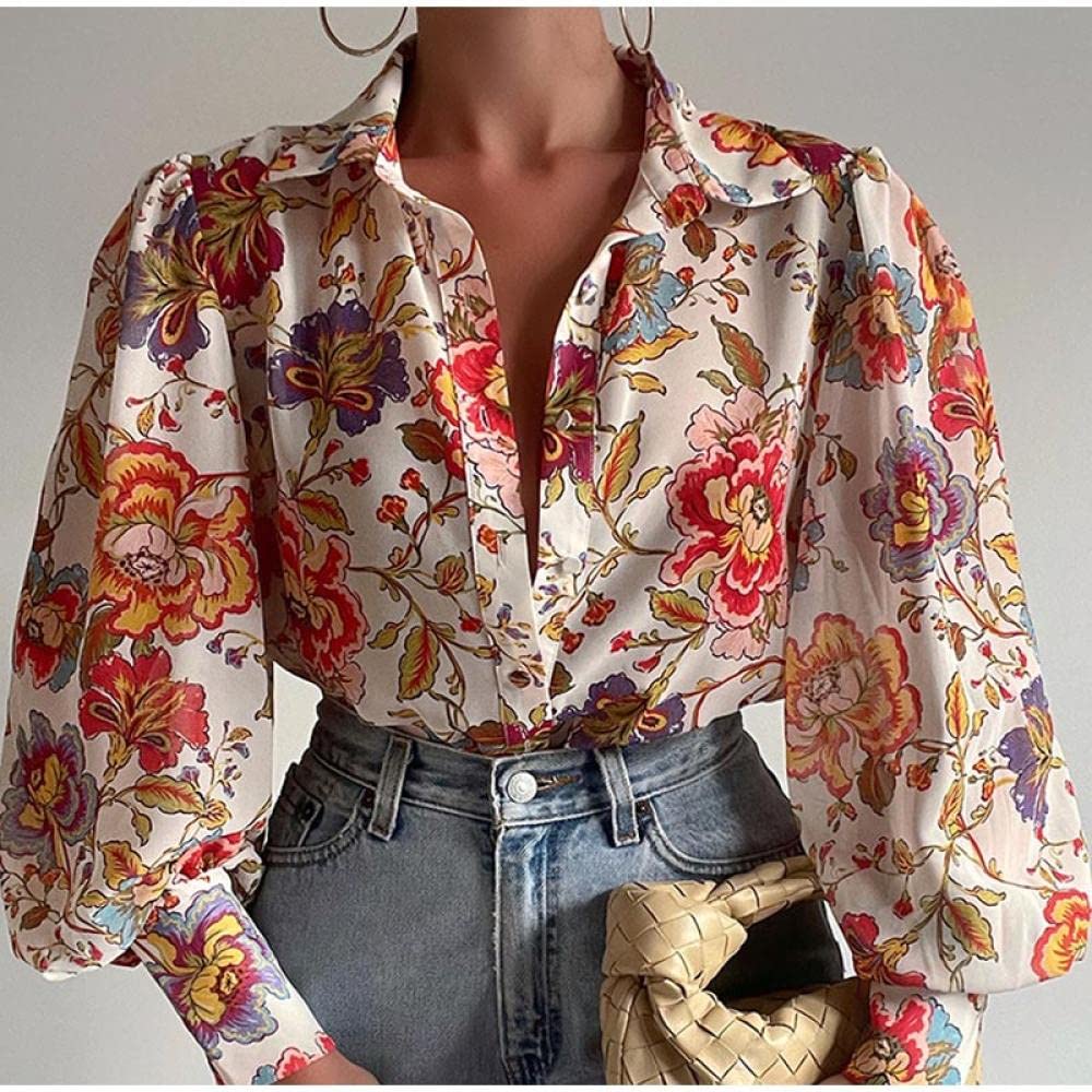 Damen-Hemd Mit Knopfleiste,Damen Satin Seide Bluse Shirt Puffärmel Floral Langarm Mode Shirts V-Ausschnitt Business Shirt Mit Knopf Sexy Party Tops Lässige Arbeit Bürobluse Für Mädchen Damen