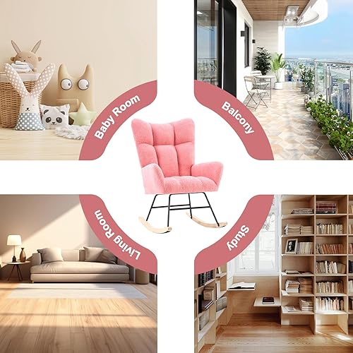 Miniatura 7 de Mecedora para guardería, mecedora tapizada de peluche, con respaldo alto, reposabrazos y cómoda silla auxiliar, mecedora para guardería con base de