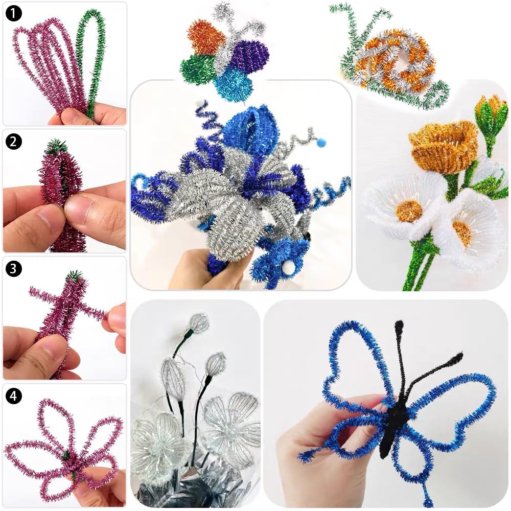 100Pcs Fil Chenille,Cure Pipe Chenille,Tiges De Fils Chenille Colorés Cure Pipes Cleaner,Cure-pipes à Paillettes,Chenille Loisir Creatif,Pour Noël Artisanat Créatif Décorations,30cm × 6mm,Rose