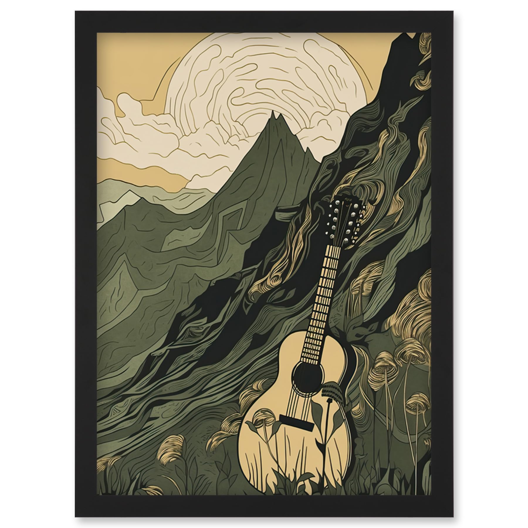 Artery8 Guitar on Mountain Landscape Morning at Campsite Artwork Framed Wall Art Print A4