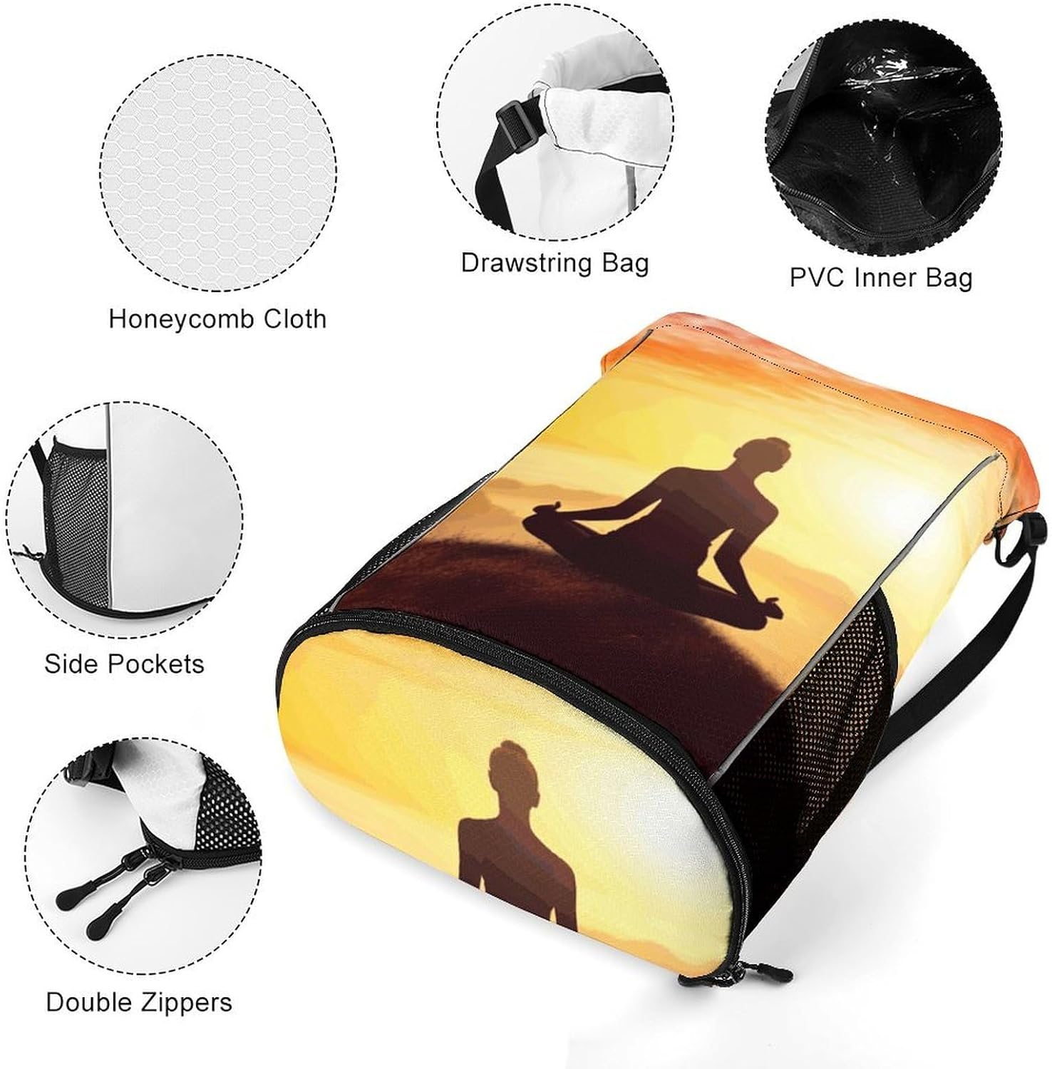 Yoga Meditation Drawstring Backpack with Wet Pocket - Large Capacity Gym Bag with Shoe Compartment & Mesh Pockets, Adjustable Lightweight Gym Backpack for Swimming, Travel, Workout