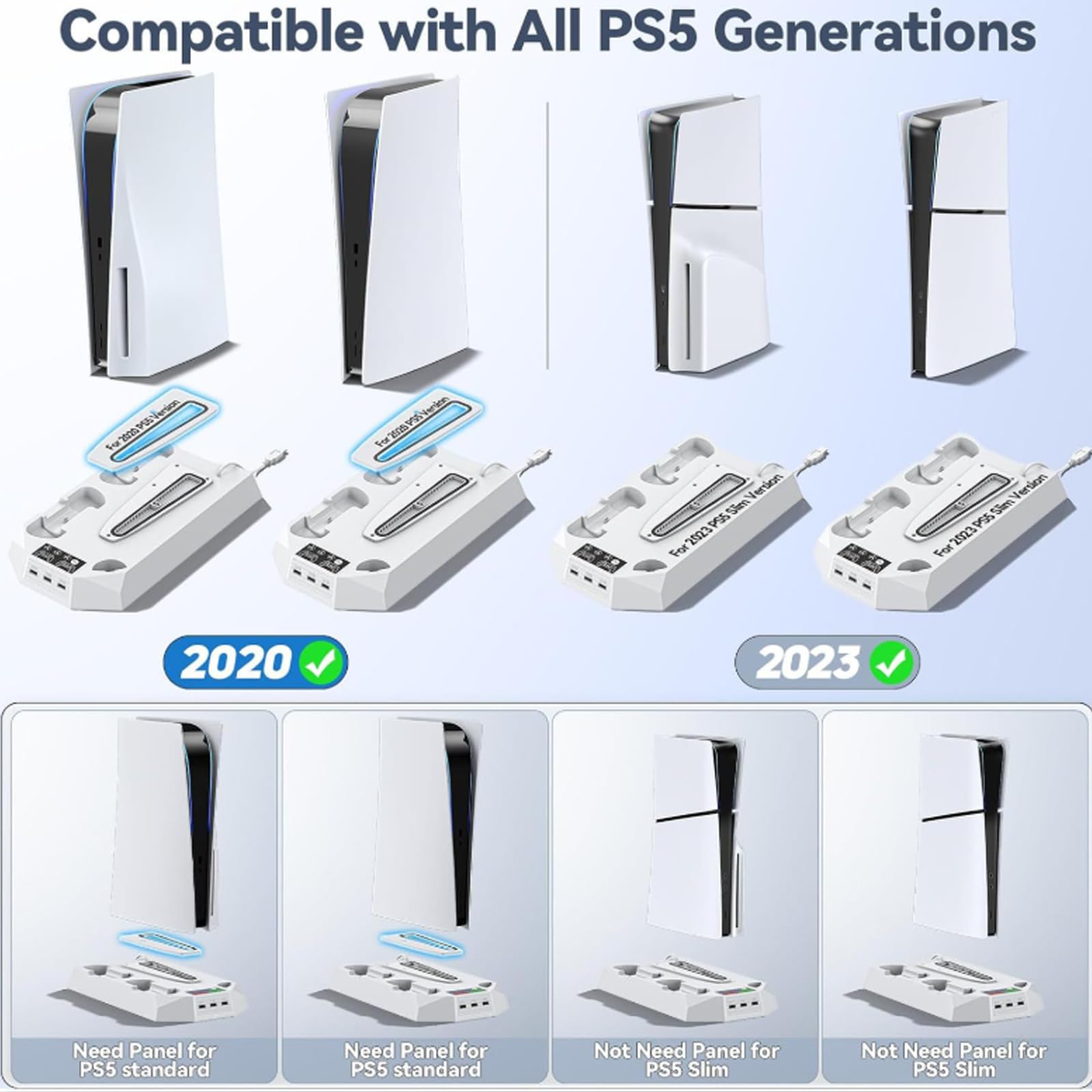 Soporte para PS5/PS5 Slim/PS5 Pro con ventilador de 3 niveles y 3 puertos USB adicionales, soporte PS5, estación de carga integrada para controlador PS5 con indicador LED y soporte para auriculares