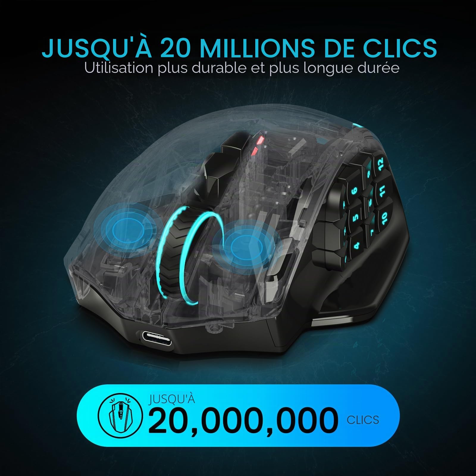 Redragon M913 Max Souris MMO sans Fil 26000 DPI 16 Boutons | souris gaming MMO optique sans fil 26000 DPI 16 boutons programmables BT 2.4G support logiciel