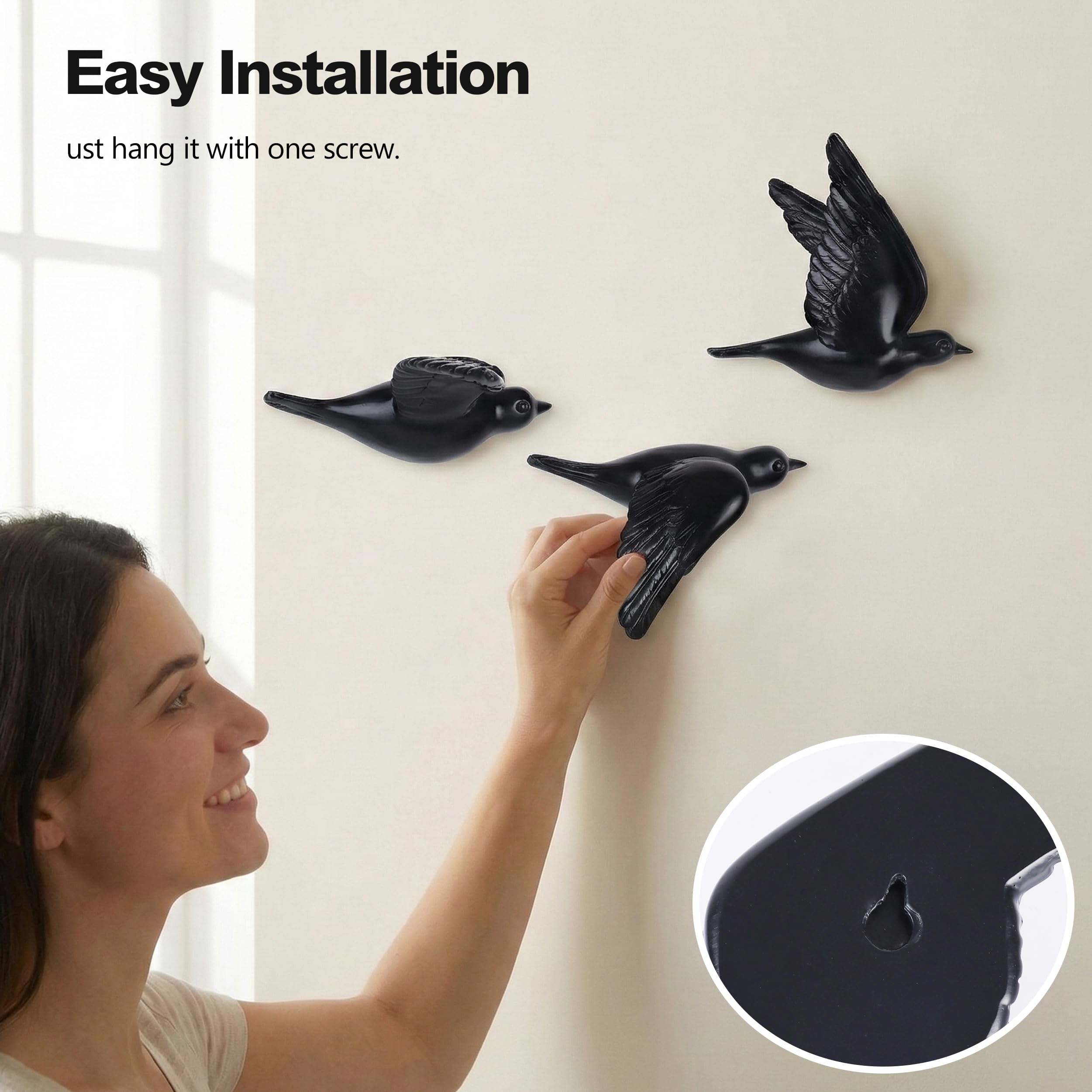 suruim Vogel-Wandskulpturen, 3-teiliges 3D-Wandkunst-Dekor für Wohnzimmer (Schwarz)