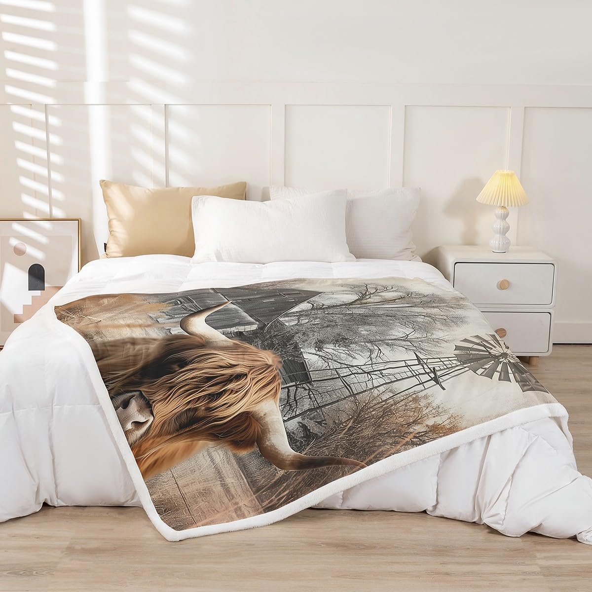 Highland Cow Farm Animals Throw Blanket 40"x50",Garden Windmill Decor Farmhouse Fleece Blanket Rustic Lodge Cabin Blanket Wildlife Animal Farm House Cottage Blanket,Winnower Cowboys Gifts for Men
