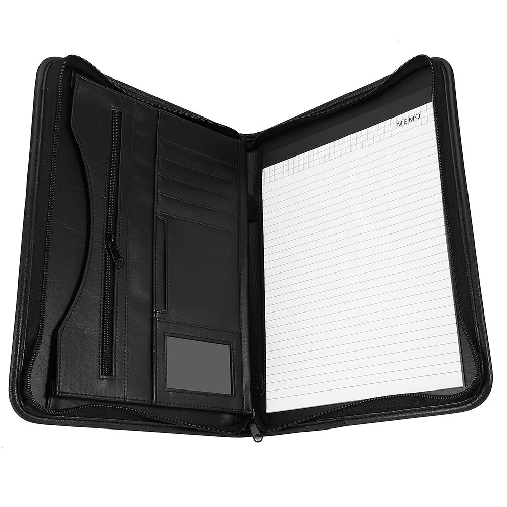 A4 conferencia carpeta, organizador Personal, Ejecutivo de piel sintética con cremallera cartera con tarjetero, ranuras para tarjetas//Pad/papel, negro