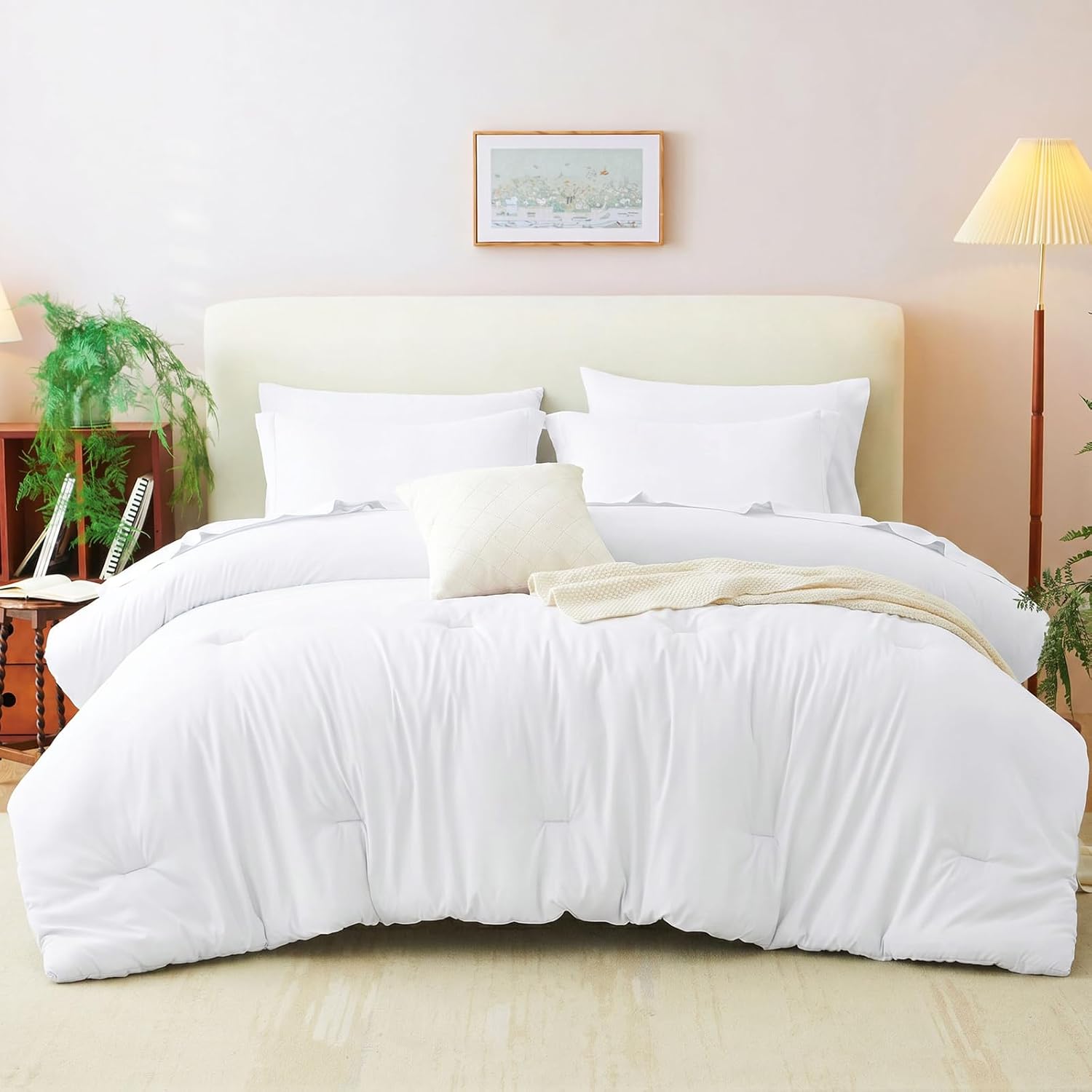 CozyLux Queen Comforter Set White, 7 Pieces Bed in a Bag Queen Comforter Set with Sheets, Luxury Soft Bedding Sets with Down Alternative Comforter, Fitted Sheet, Flat Sheet, Pillowcases & Shams