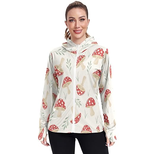 Qilmy Cute Mushroom Moletom feminino com capuz FPS 50+ proteção solar UV FPS 50+ camisa de sol de manga comprida 1315