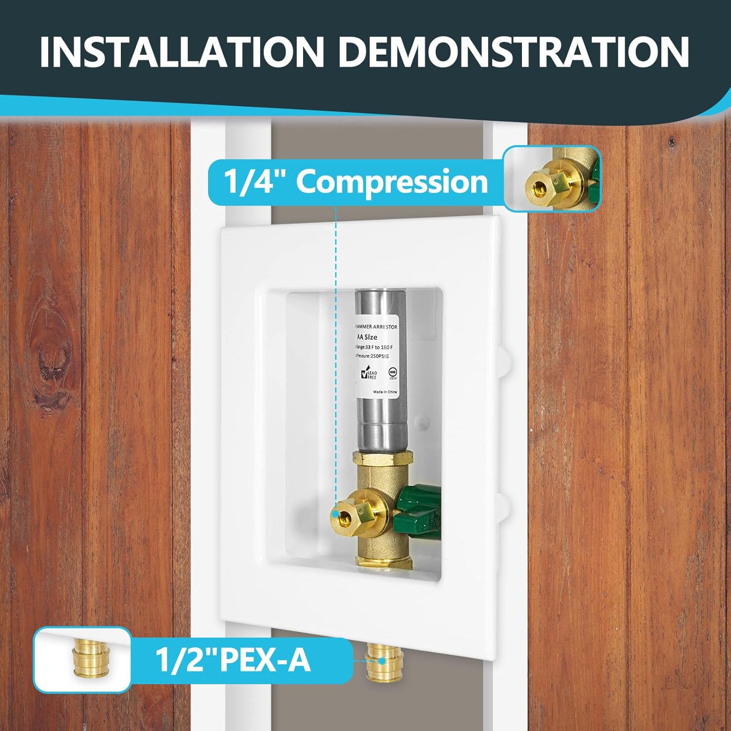 1-Pack Seelink Pre-Assembled Ice Maker Outlet Box, 1/2" PEX-A Expansion Inlet x 1/4" OD Compression Outlet, with Installed 1/4-Turn Ball Valve and Stainless Steel Hammer Arrestor