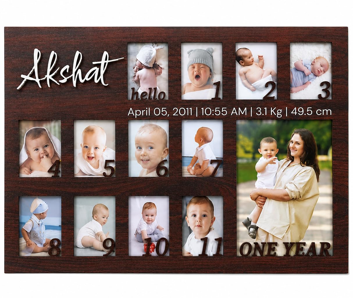 My First Year Photo Frame – Customized Wooden Collage with 13 Photos (0 to 12 Months), Glossy Sunmica Coated, Baby Memory Keepsake (Brown_Rectangle)-image-33