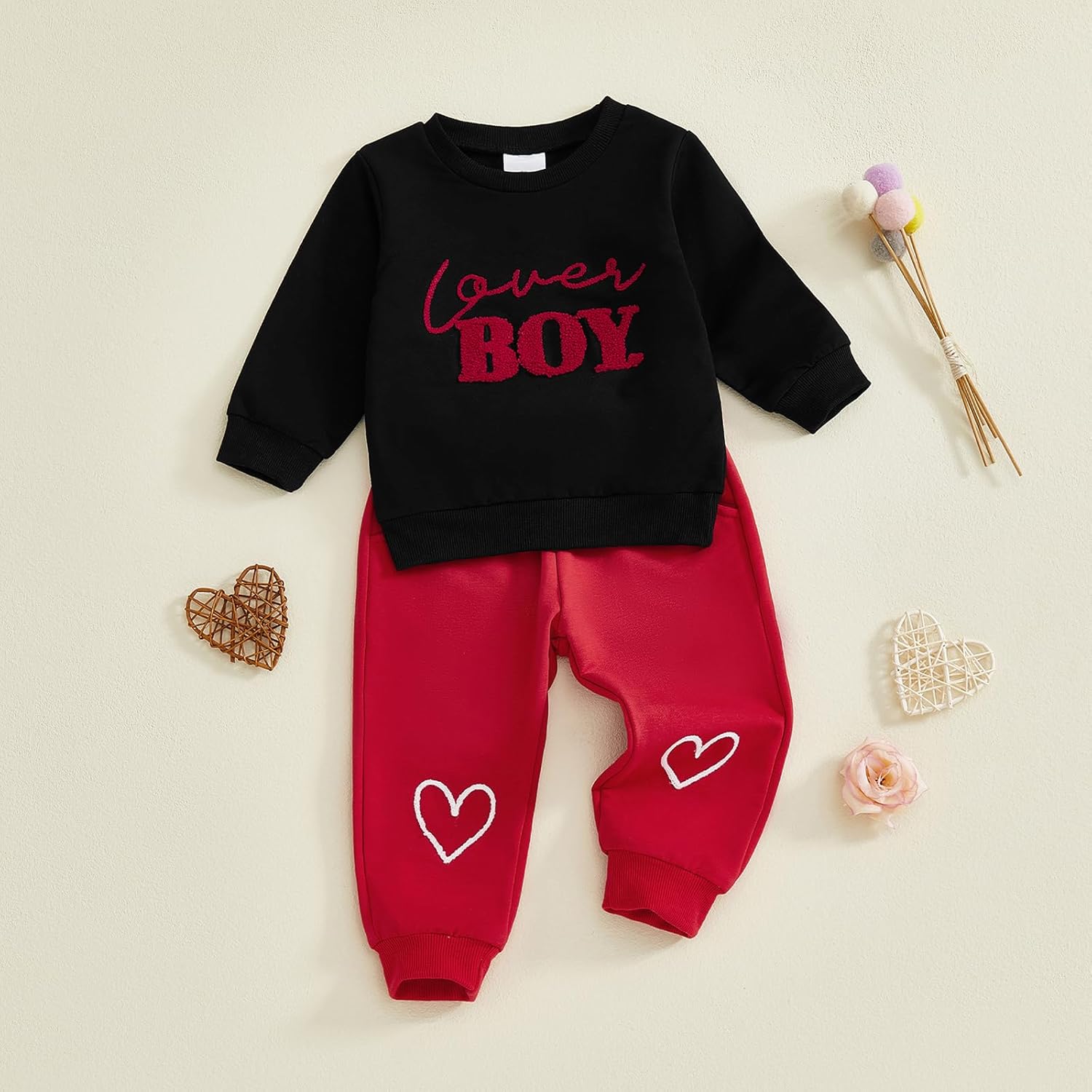 Karuedoo Toddler Baby Boy Valentines Day Outfit Lover Boy Embroidery Crewneck Sweatshirt and Pants Set Spring Clothes - Image 4
