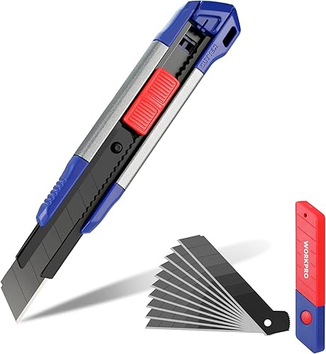 WORKPRO Cuchillo utilitario retráctil de 0.709 in, cortador de caja resistente a presión con 10 cuchillas SK5 para cajas de cartón, cartón y cajas,