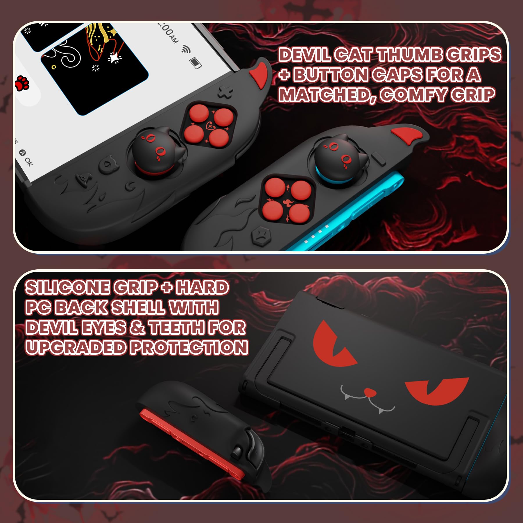 playvital Cute Demon Protective Shell for Nintendo Switch 2, Kawaii Anti-Slip Silicone Grip Cover + Dockable Hard Case for for Nintendo Switch 2 with Thumb Grips & Sticker, Shockproof - Black — view 7