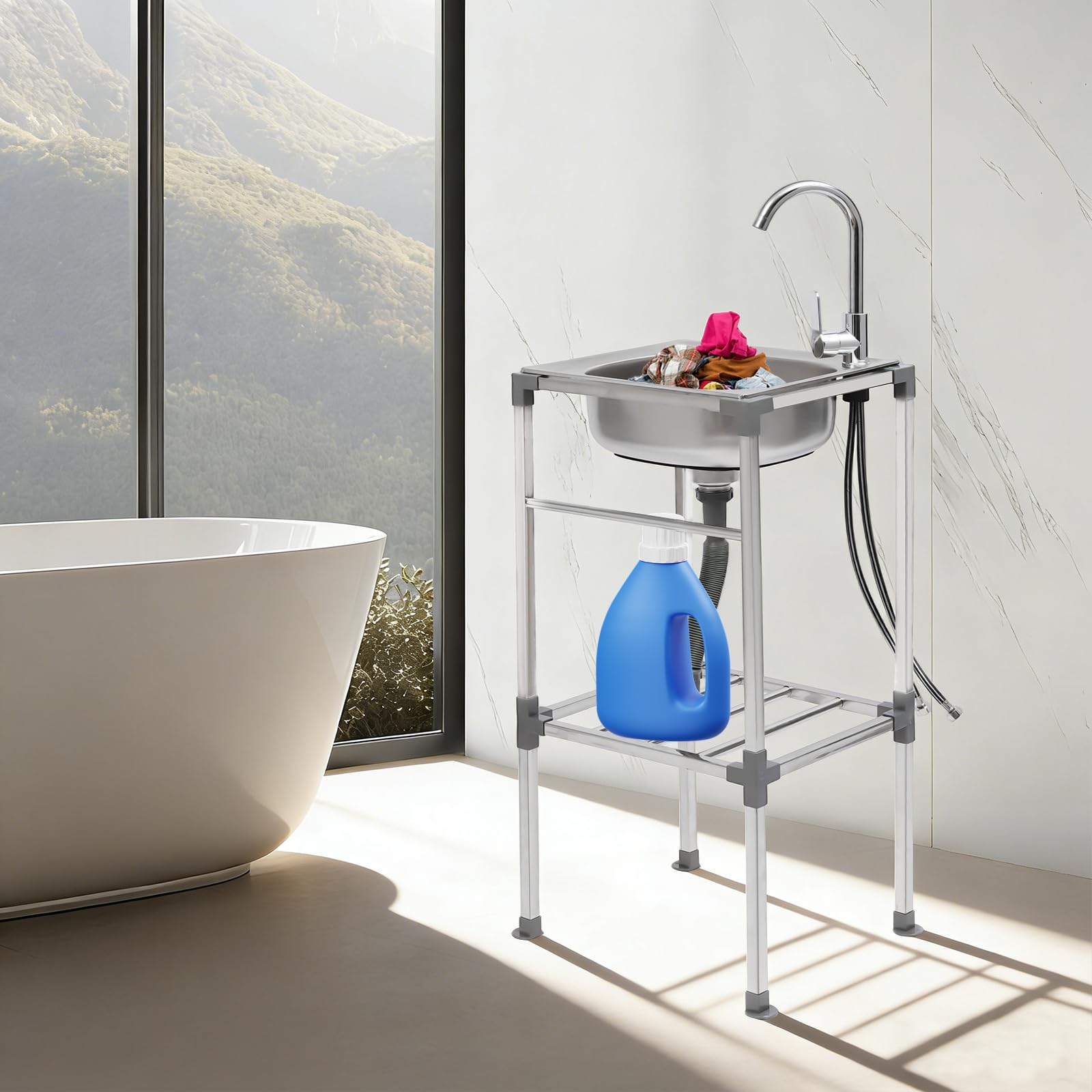 Fregadero de cocina moderno de acero inoxidable con dispositivo de drenaje y dispensador de jabón, orificio de instalación, uso universal para interiores, exteriores, cocinas, bares y restaurantes