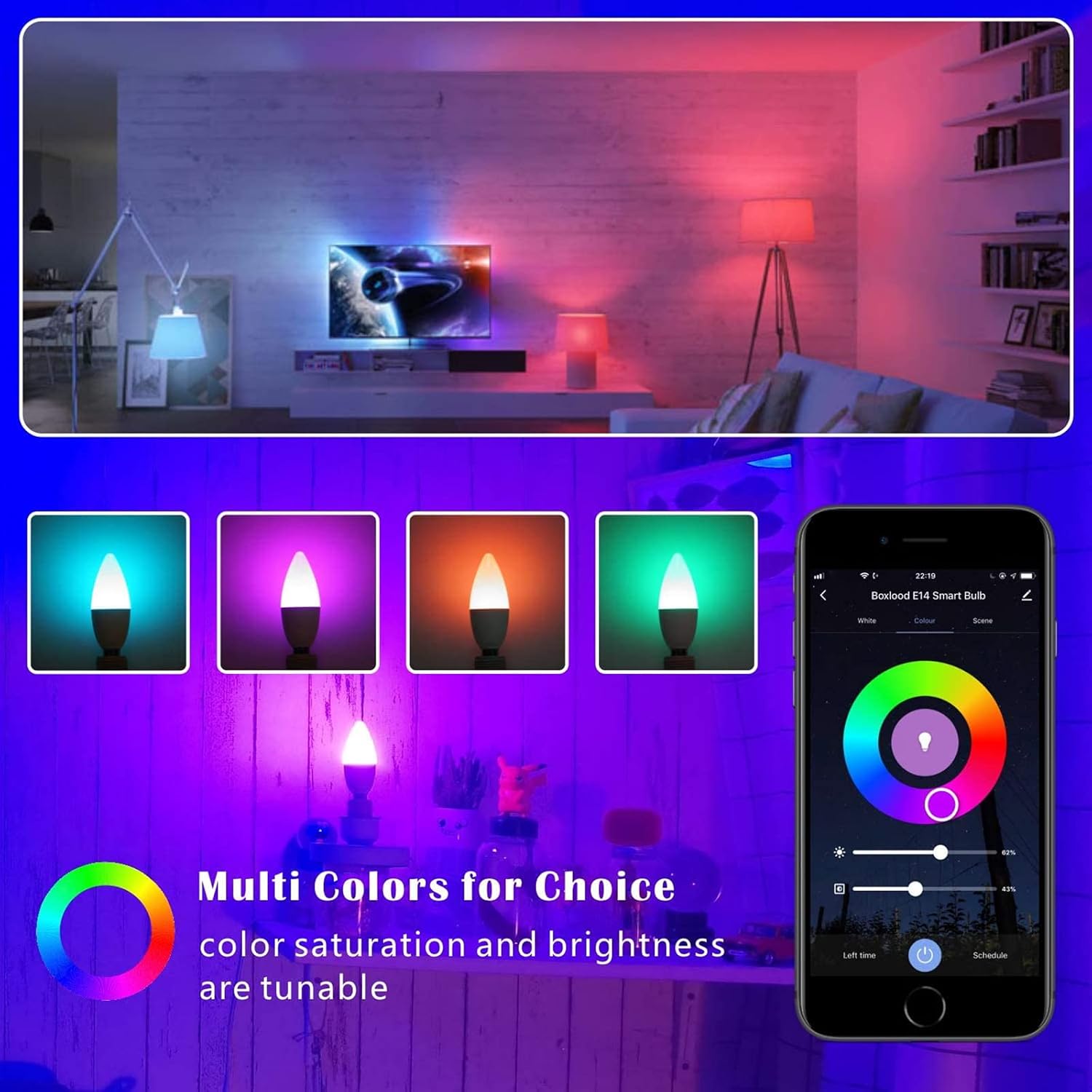 Smart Life app interface showing multi-color selection for the Boxlood E14 Smart Candle Bulb.