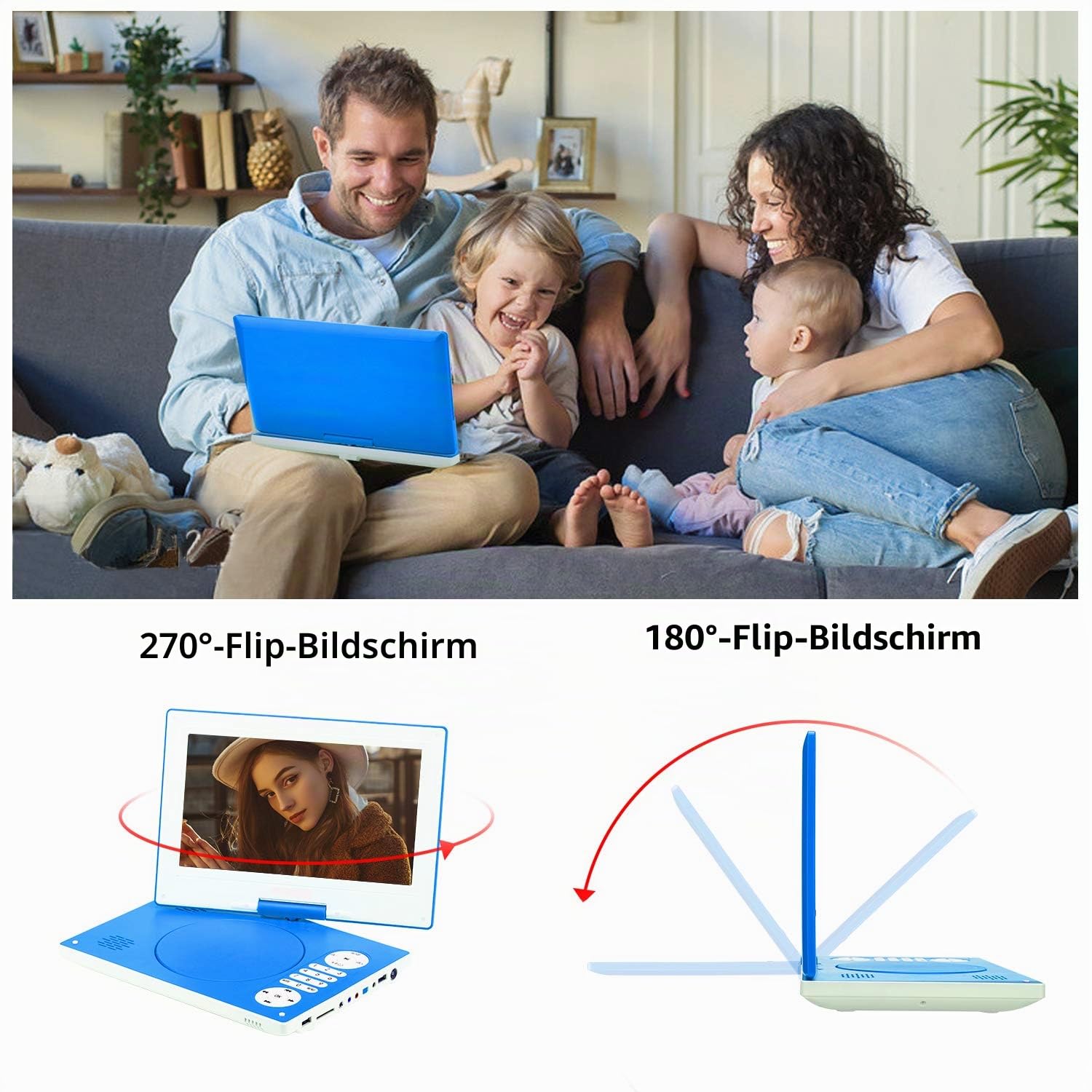 YOOHOO Tragbarer DVD-Player, 32,5 cm (12,5 Zoll) mit 26,7 cm (10,5 Zoll), 270° drehbarem HD-Drehbildschirm mit wiederaufladbarem Akku, AC-Adapter, unterstützt alle Regionen, Multiregionen