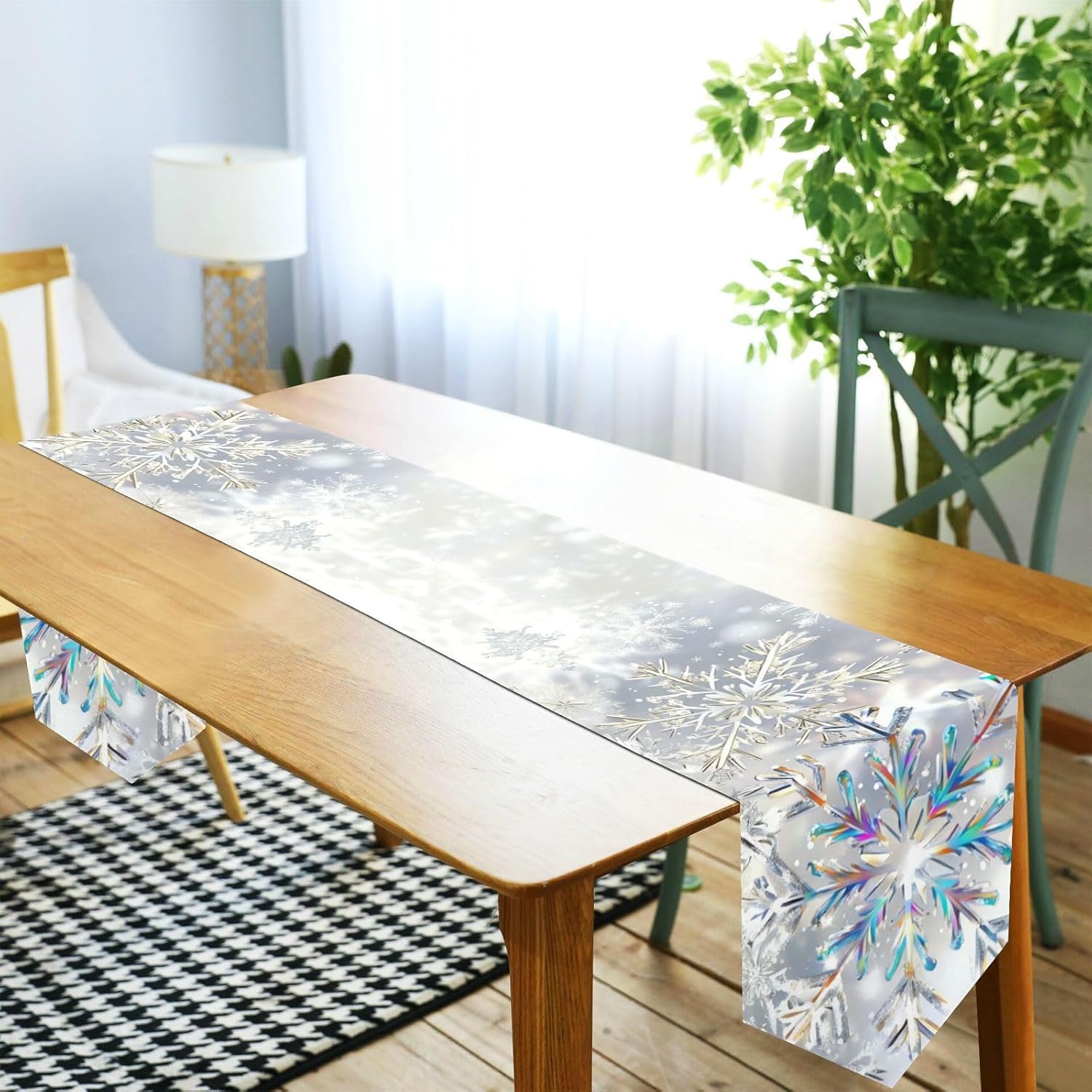 Christmas Table Runner, Silver Background Snowflakes B Table Cloth Runners 108 Inches Long Fabric Runner for Kitchen Dining Table Decor