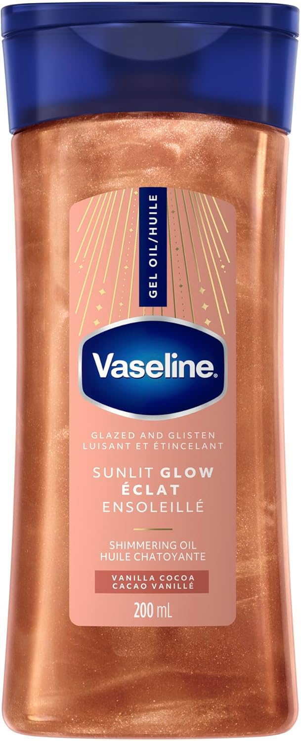 Vaseline Glazed and Glisten Sunlit Glow Vanilla Cocoa Shimmering Body Gel Oil with Ultra-Hydrating Lipids and 100% Pure Cocoa Butter, 200 ML
