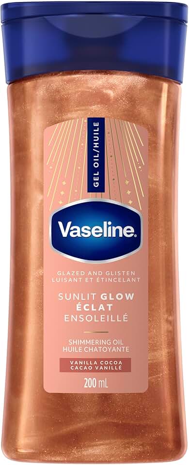 Vaseline Glazed and Glisten Sunlit Glow Vanilla Cocoa Shimmering Body Gel Oil with Ultra-Hydrating Lipids and 100% Pure Cocoa Butter, 200 ML