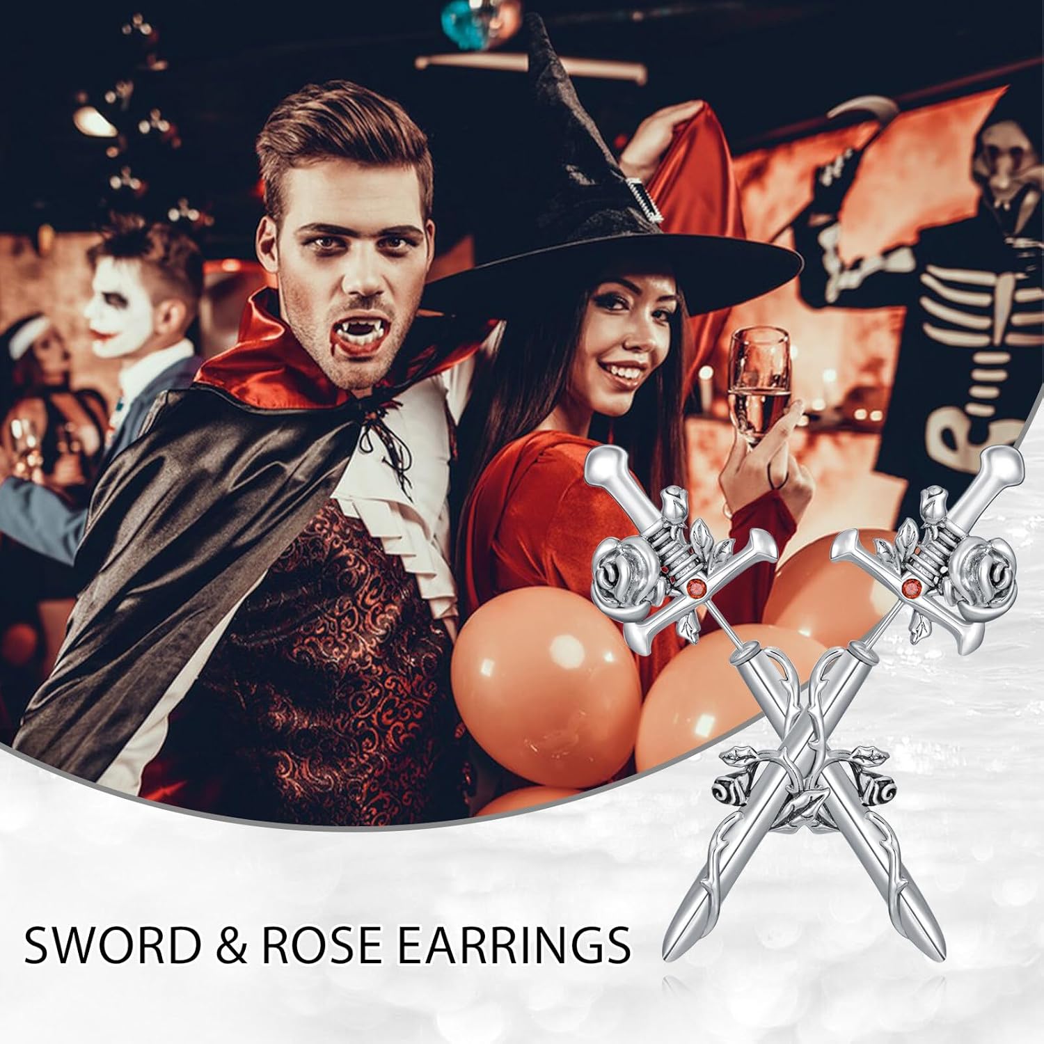 Gothic Sword Earrings for Women Men,925 Sterling Silver Sword and Rose Stud Earring for Halloween Party Cool Bloody Knife Dagger Earrings