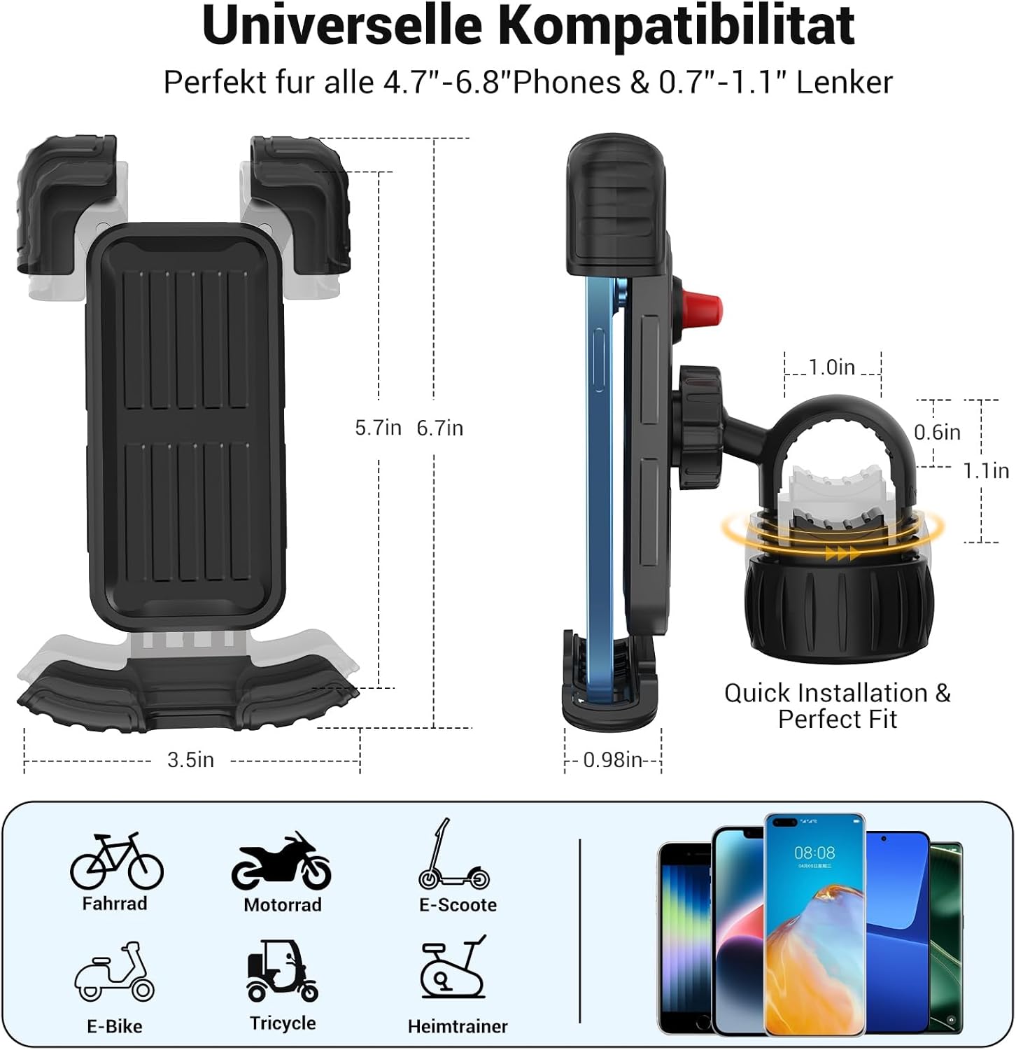 Bicycle Cell Phone Holder, 360 Degree Adjustable, Quick Mount, Bicycle Handlebar Cell Phone Holder for iPhone 16 15 14 Pro Max / 13/12, 4.7-7" Phones (Black)